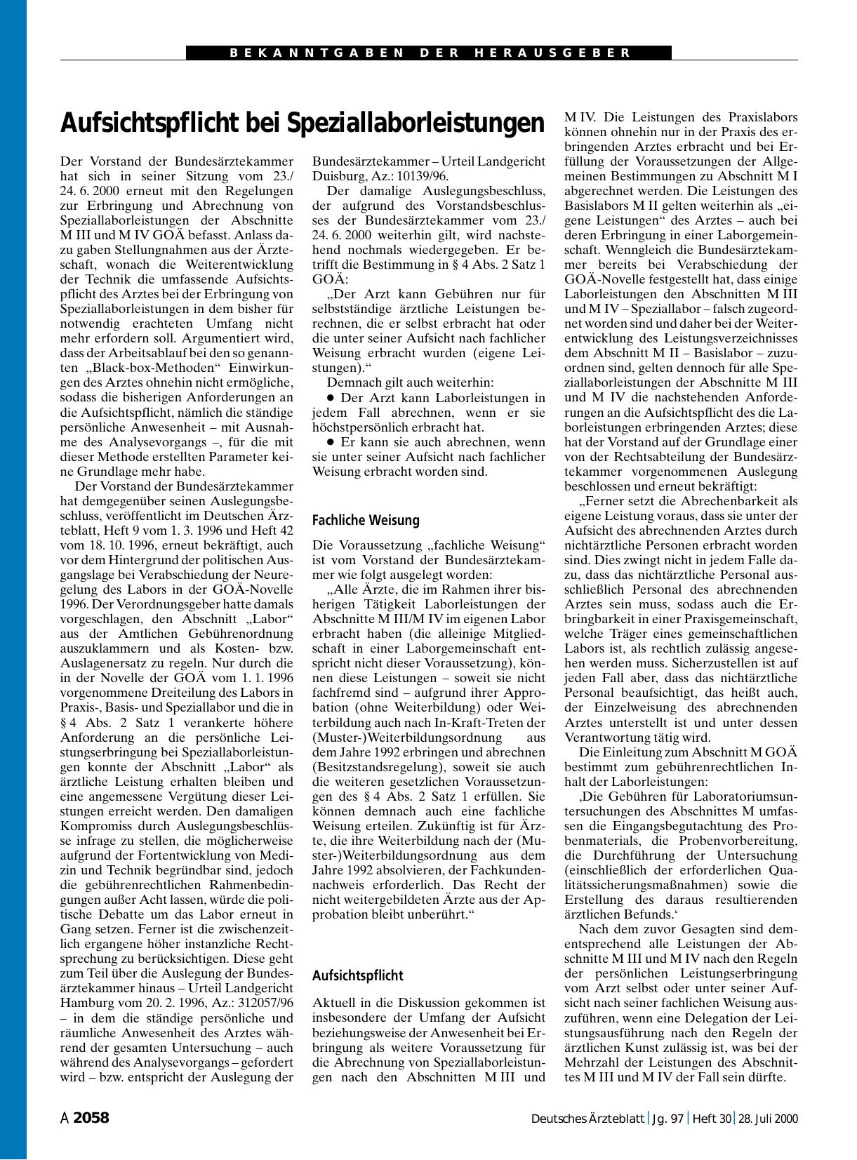 Vorschauseite 1: Aufsichtspflicht bei Speziallaborleistungen