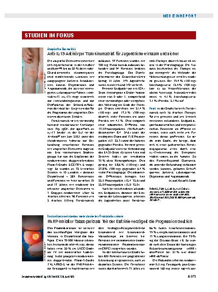 Vorschauseite 1: Atopische Dermatitis: Anti-IL-13-Antikörper Tralokinumab ist für Jugendliche wirksam und sicher.