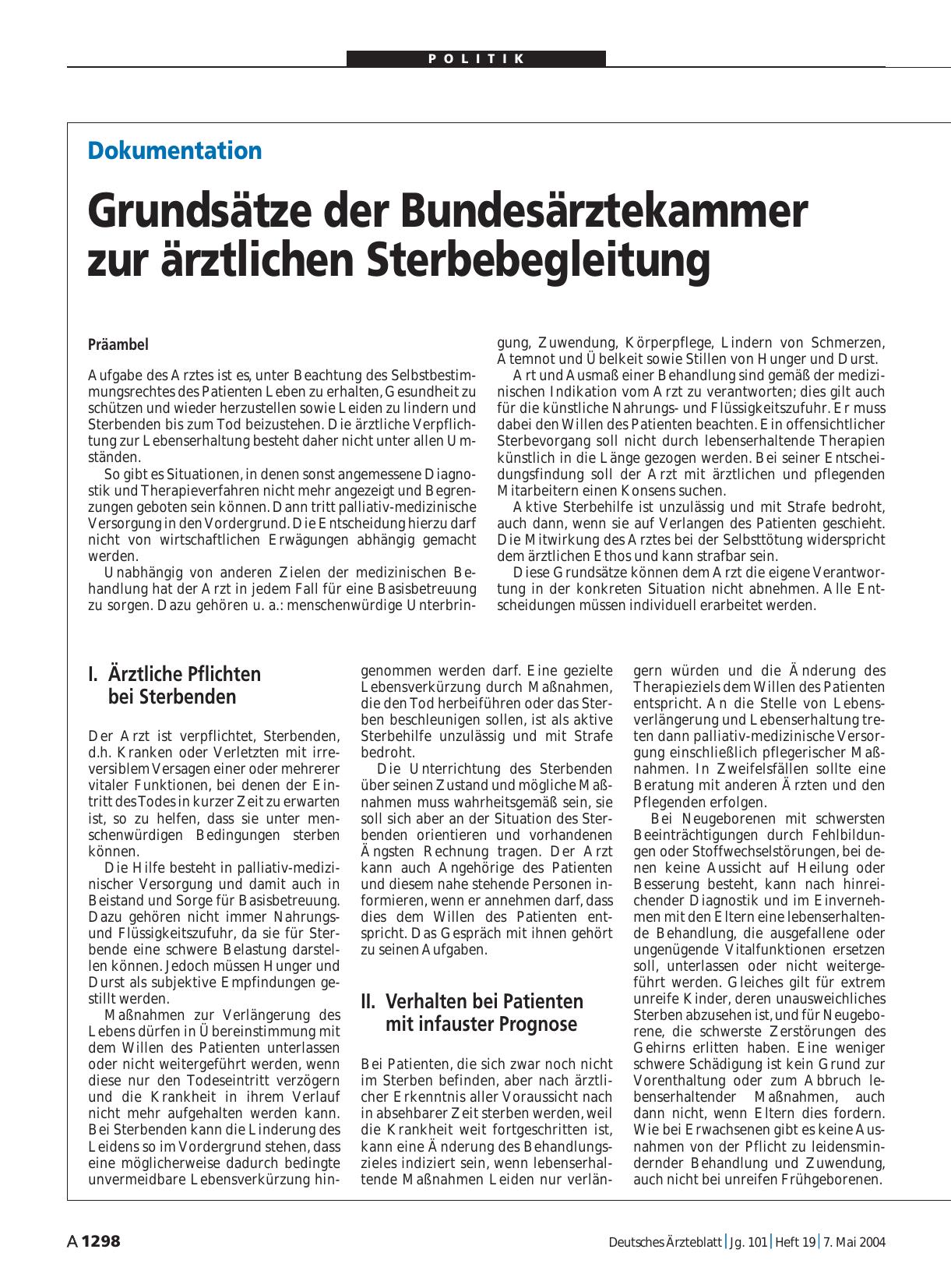 Vorschauseite 1: Dokumentation: Grundsätze der Bundesärztekammer zur ärztlichen Sterbebegleitung