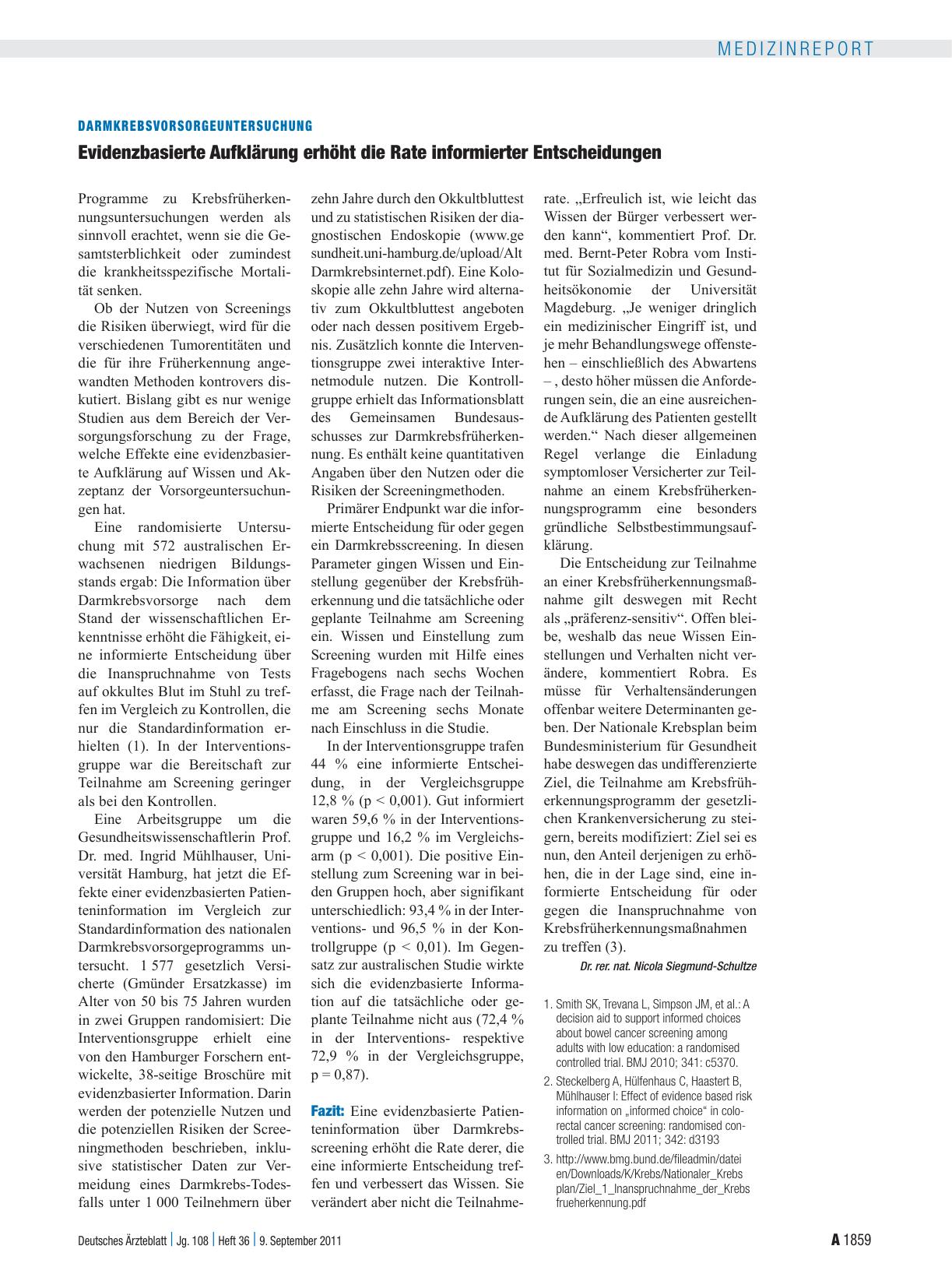 Vorschauseite 1: Darmkrebsvorsorgeuntersuchung: Evidenzbasierte Aufklärung erhöht die Rate informierter Entscheidungen