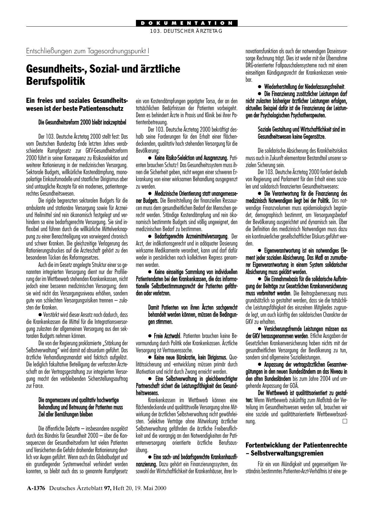 Vorschauseite 1: Entschließungen zum Tagesordnungspunkt I: Gesundheits-, Sozialund ärztliche Berufspolitik