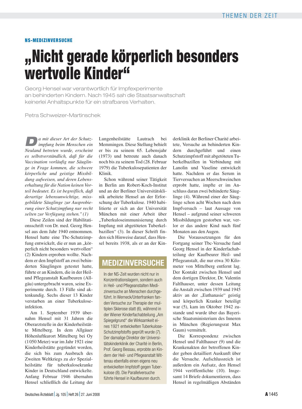 Vorschauseite 1: NS-Medizinversuche: „Nicht gerade körperlich besonders wertvolle Kinder“