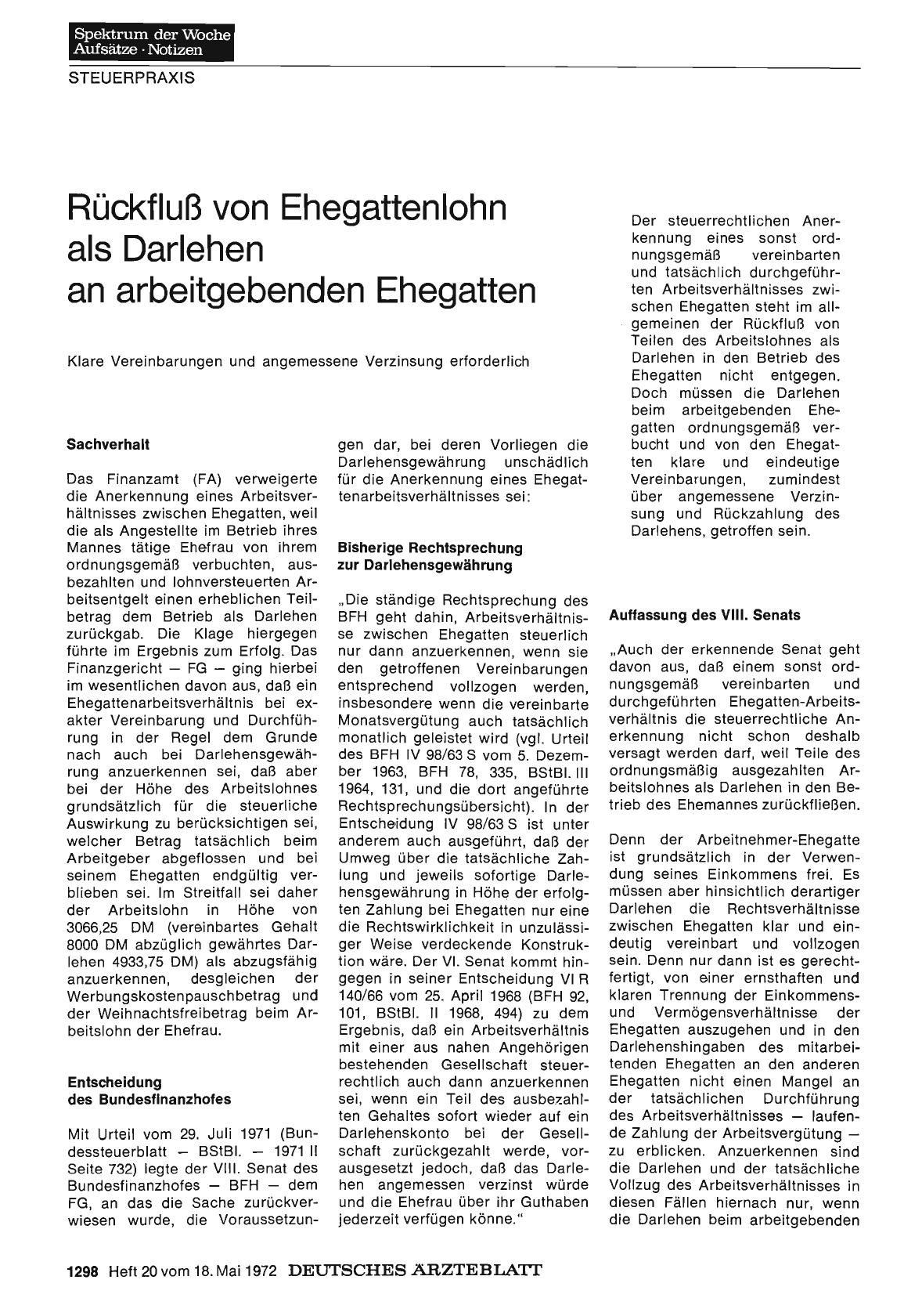 Vorschauseite 1: Rückfluß von Ehegattenlohn als Darlehen an arbeitgebenden Ehegatten