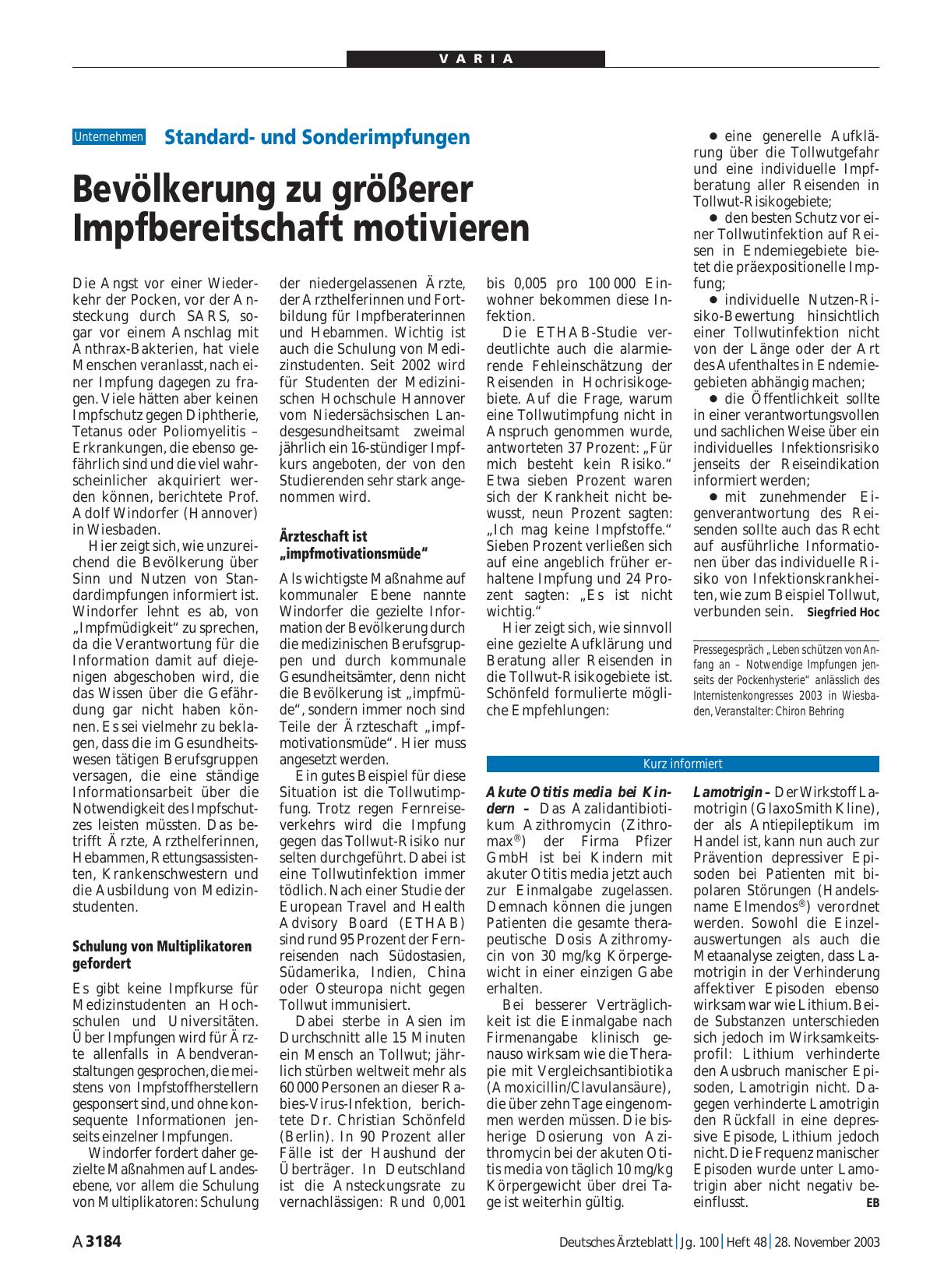 Vorschauseite 1: Standardund Sonderimpfungen: Bevölkerung zu größerer Impfbereitschaft motivieren
