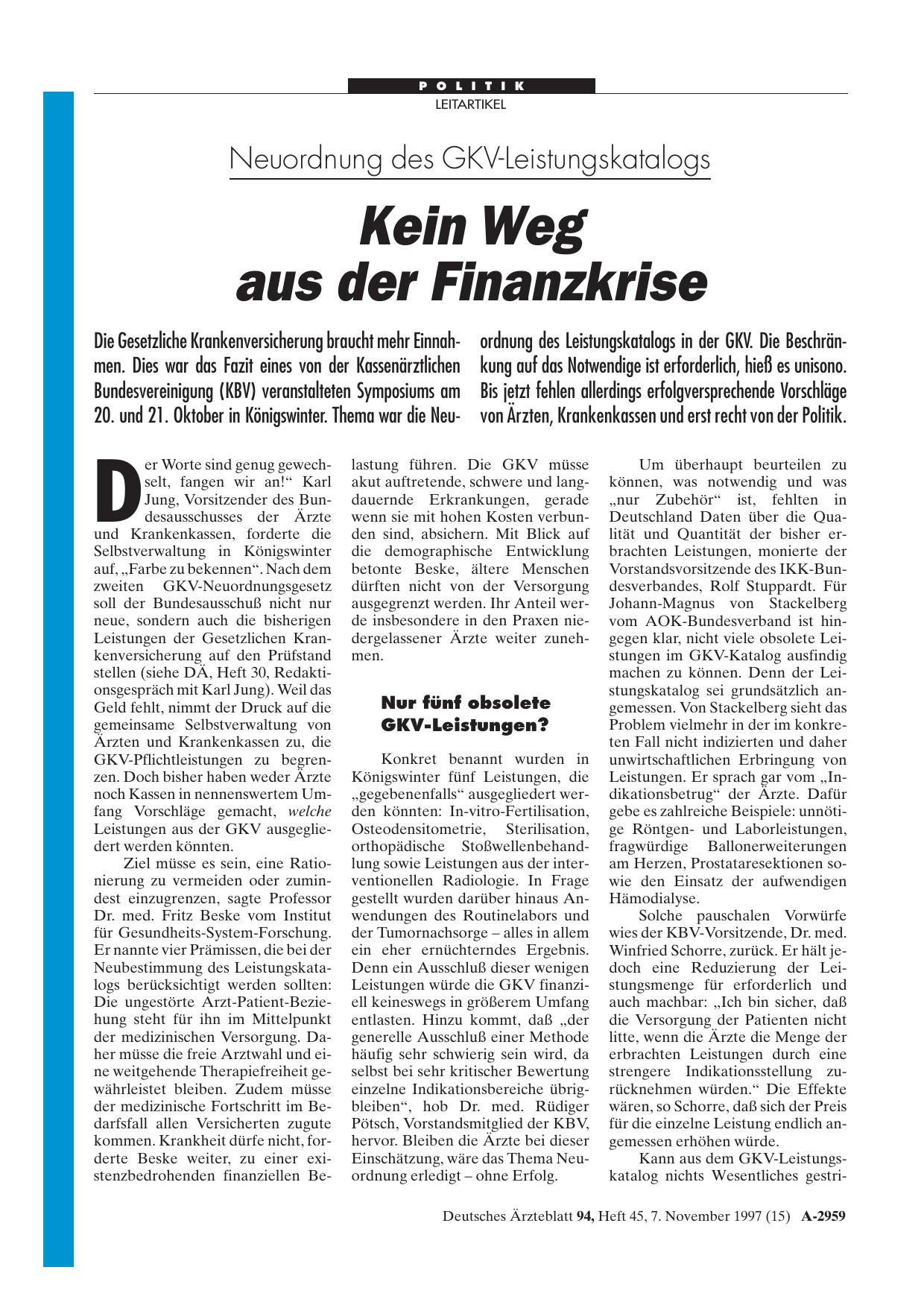 Vorschauseite 1: Neuordnung des GKV-Leistungskatalogs: Kein Weg aus der Finanzkrise