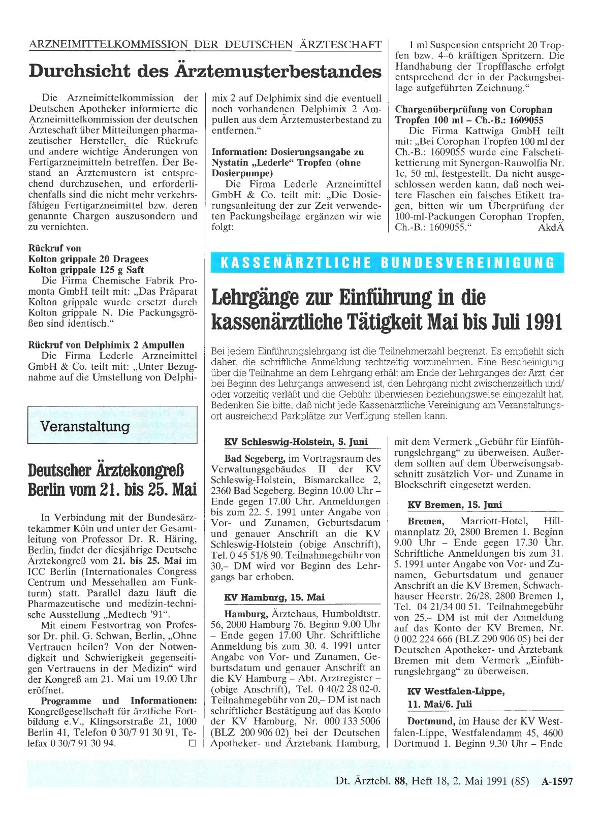 Vorschauseite 1: ARZNEIMITTELKOMMISSION DER DEUTSCHEN ÄRZTESCHAFT: Durchsicht des Ärztemusterbestandes