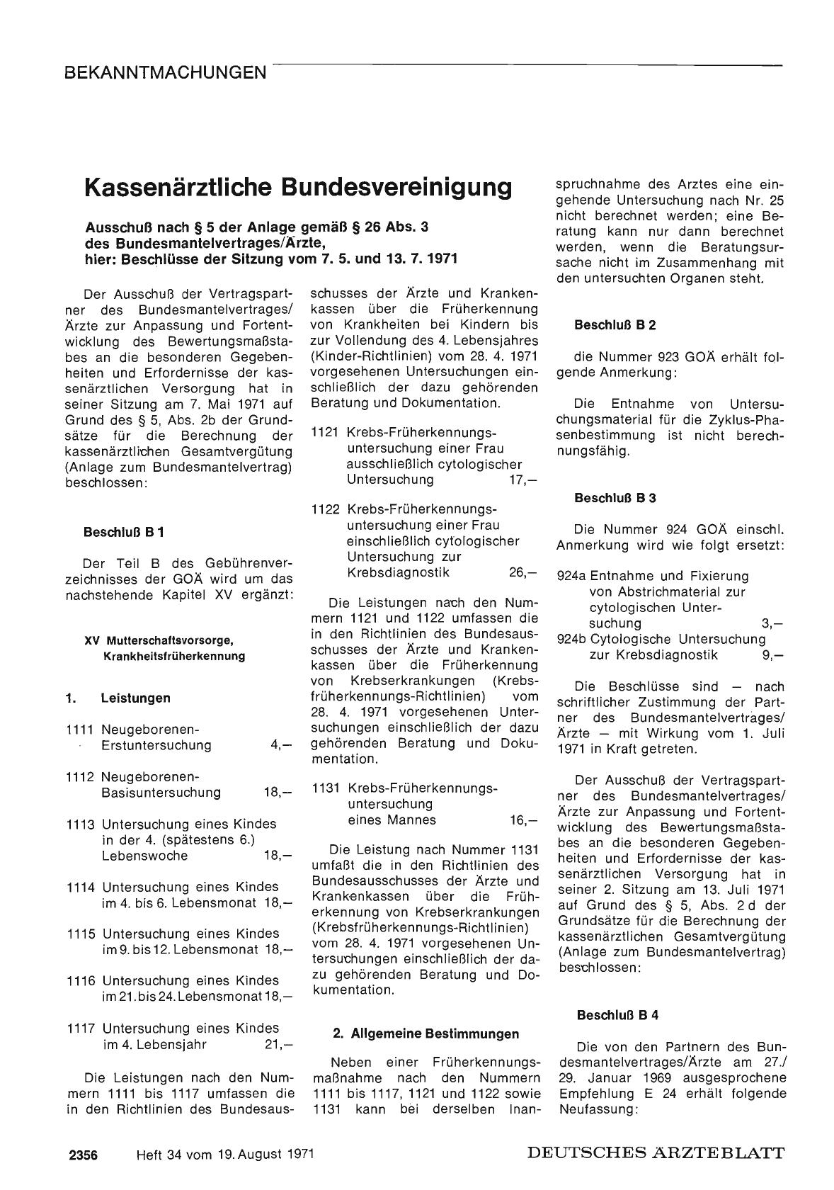 Vorschauseite 1: Kassenärztliche Bundesvereinigung: Ausschuß nach § 5 der Anlage gemäß § 26 Abs. 3 des Bundesmantelvertrages/Ärzte