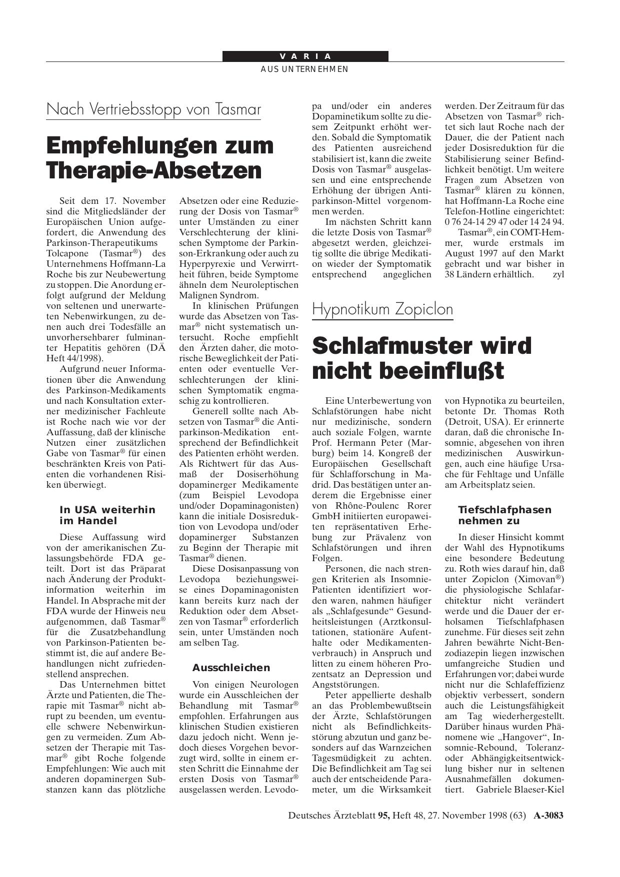 Vorschauseite 1: Nach Vertriebsstopp von Tasmar: Empfehlungen zum Therapie-Absetzen