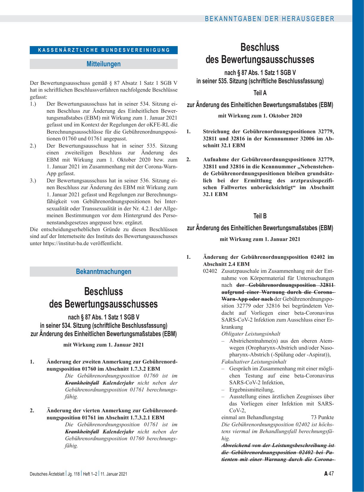 Vorschauseite 1: Beschluss des Bewertungsausschusses nach § 87 Abs. 1 Satz 1 SGB V in seiner 535. Sitzung (schriftliche Beschlussfassung)
