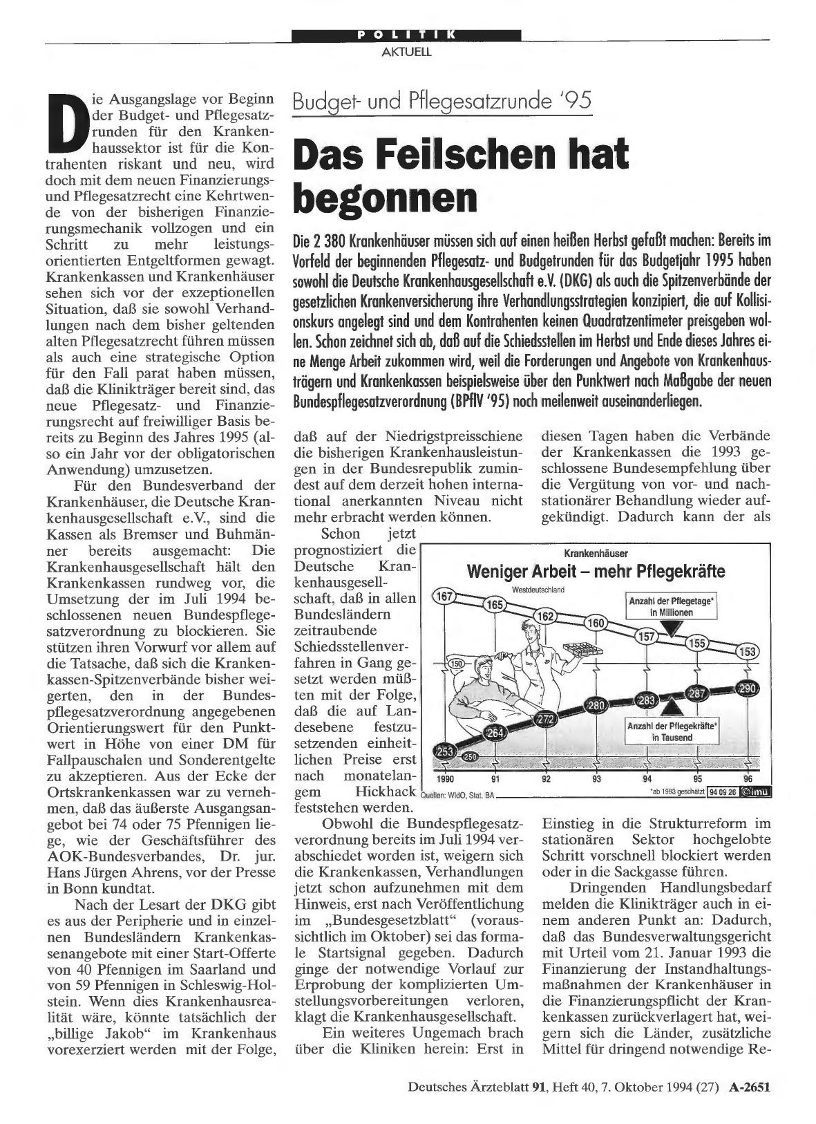 Vorschauseite 1: Budgetund Pflegesatzrunde '95: Das Feilschen hat begonnen