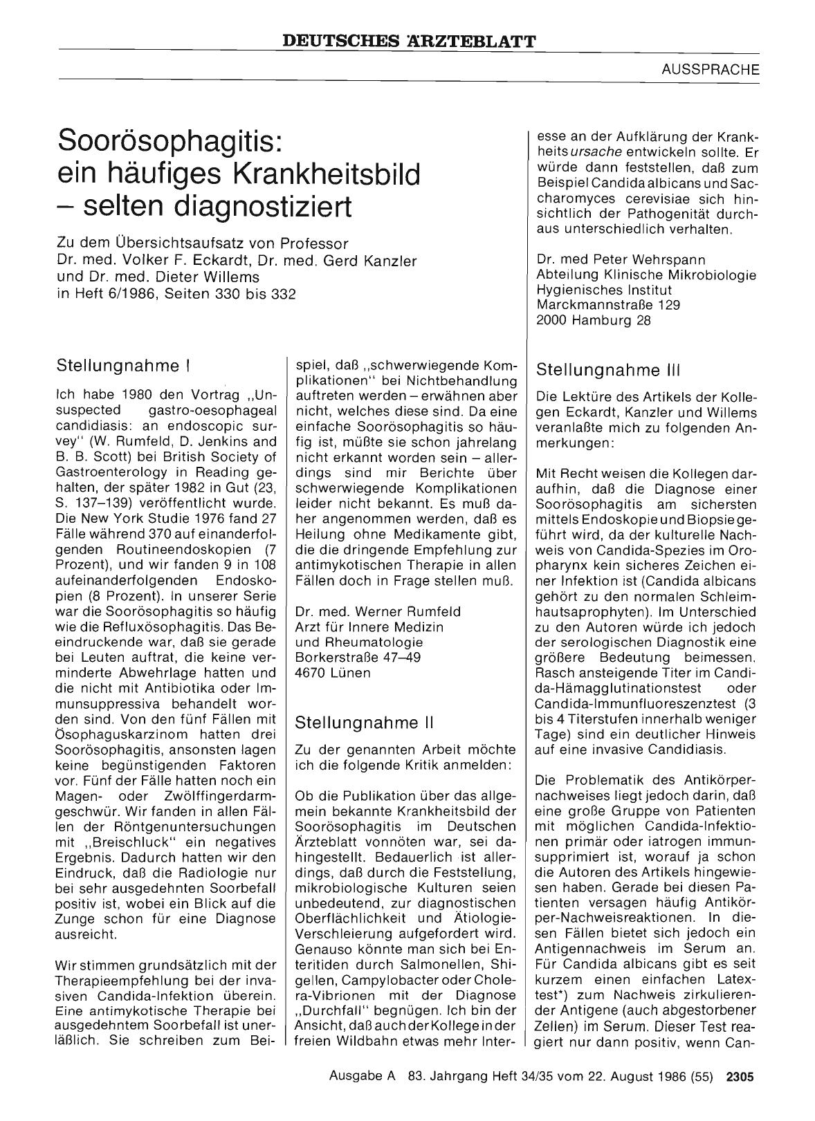 Vorschauseite 1: Soorösophagitis: ein häufiges Krankheitsbild — selten diagnostiziert: Stellungnahme II