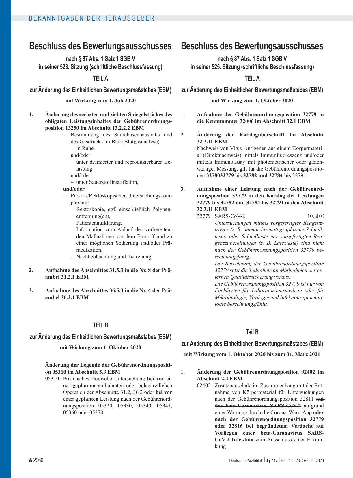 Vorschauseite 1: Beschluss des Bewertungsausschusses nach § 87 Abs. 1 Satz 1 SGB V in seiner 523. Sitzung (schriftliche Beschlussfassung)