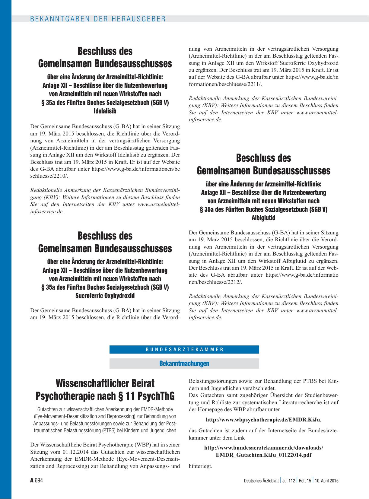 Vorschauseite 1: Wissenschaftlicher Beirat Psychotherapie nach § 11 PsychThG: Gutachten zur wissenschaftlichen Anerkennung der EMDR-Methode (Eye-Movement-Desensitization and Reprocessing) zur Beha…