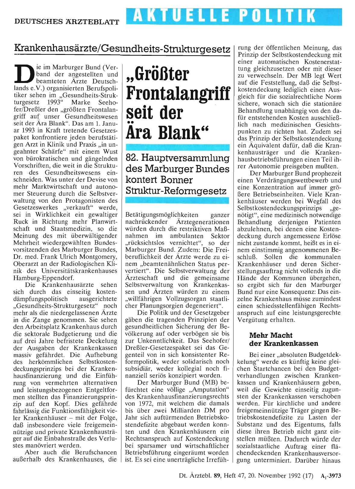 Vorschauseite 1: Krankenhausärzte/Gesundheits-Strukturgesetz: „Größter Frontalangriff seit der Ära Blank“