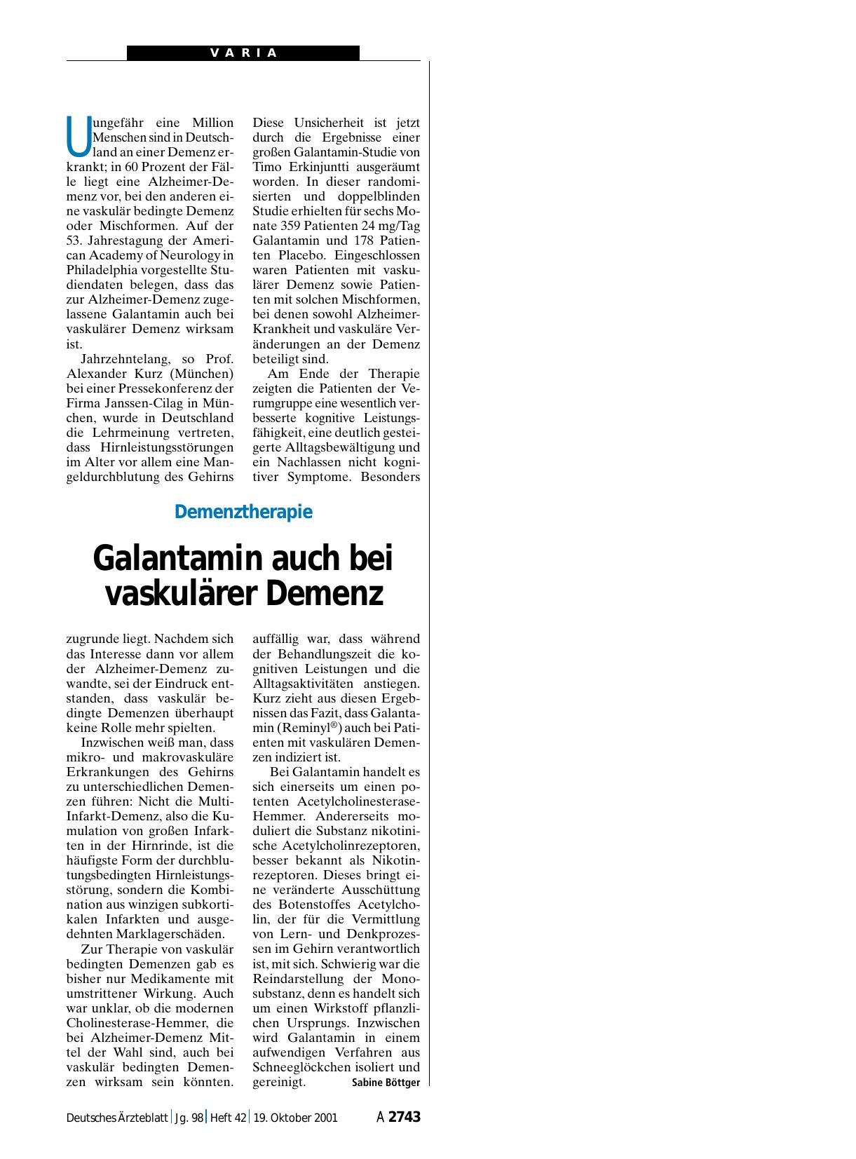 Vorschauseite 1: Demenztherapie: Galantamin auch bei vaskulärer Demenz