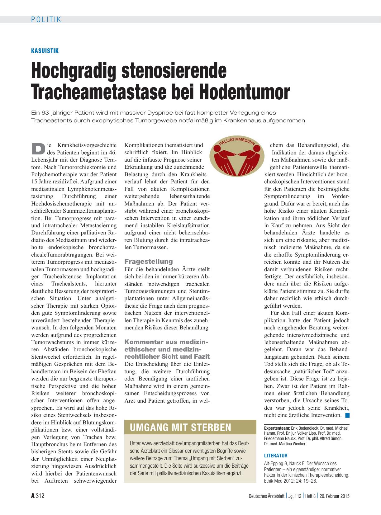 Vorschauseite 1: Kasuistik: Hochgradig stenosierende Tracheametastase bei Hodentumor