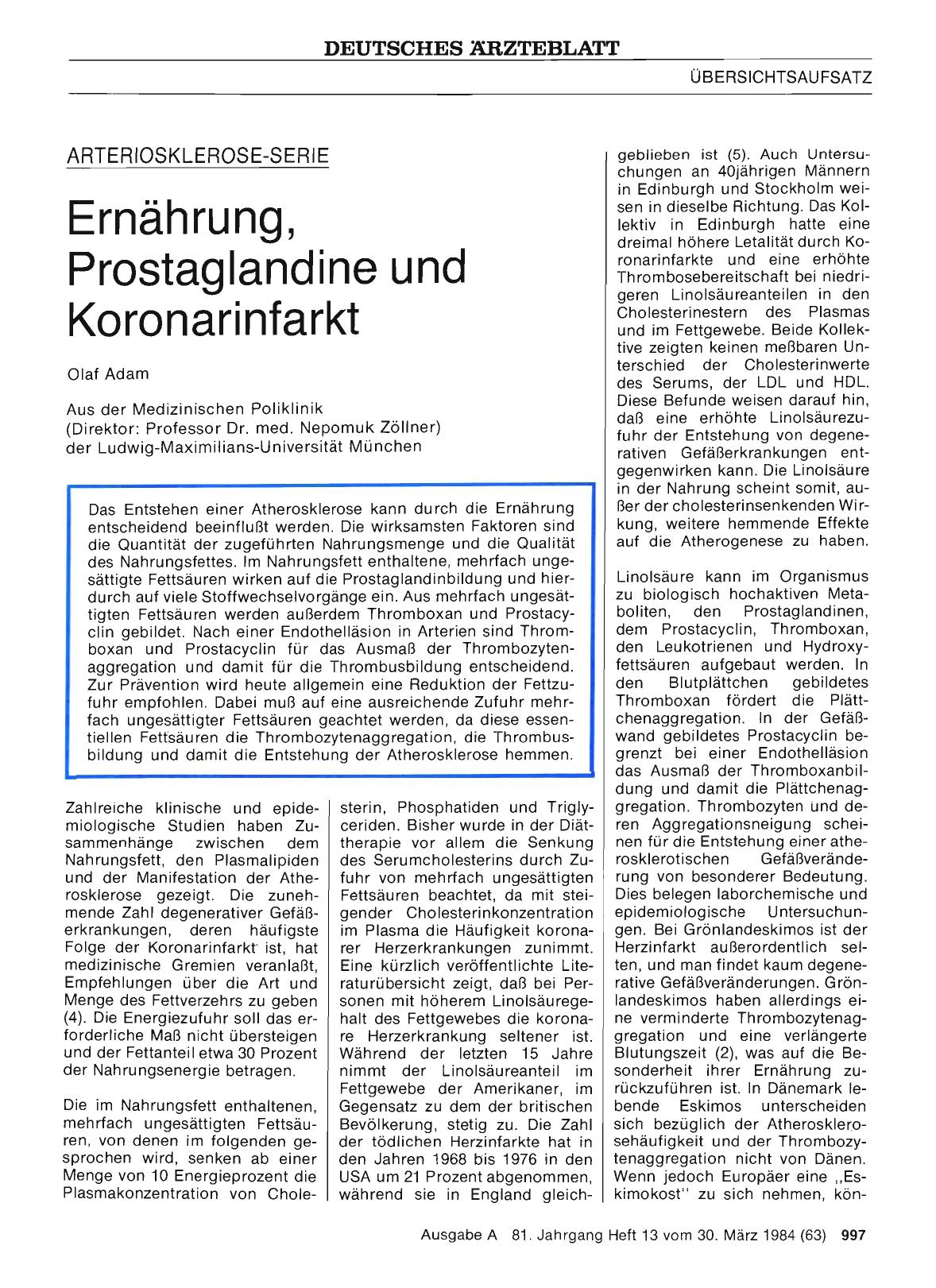 Vorschauseite 1: Ernährung, Prostaglandine und Koronarinfarkt