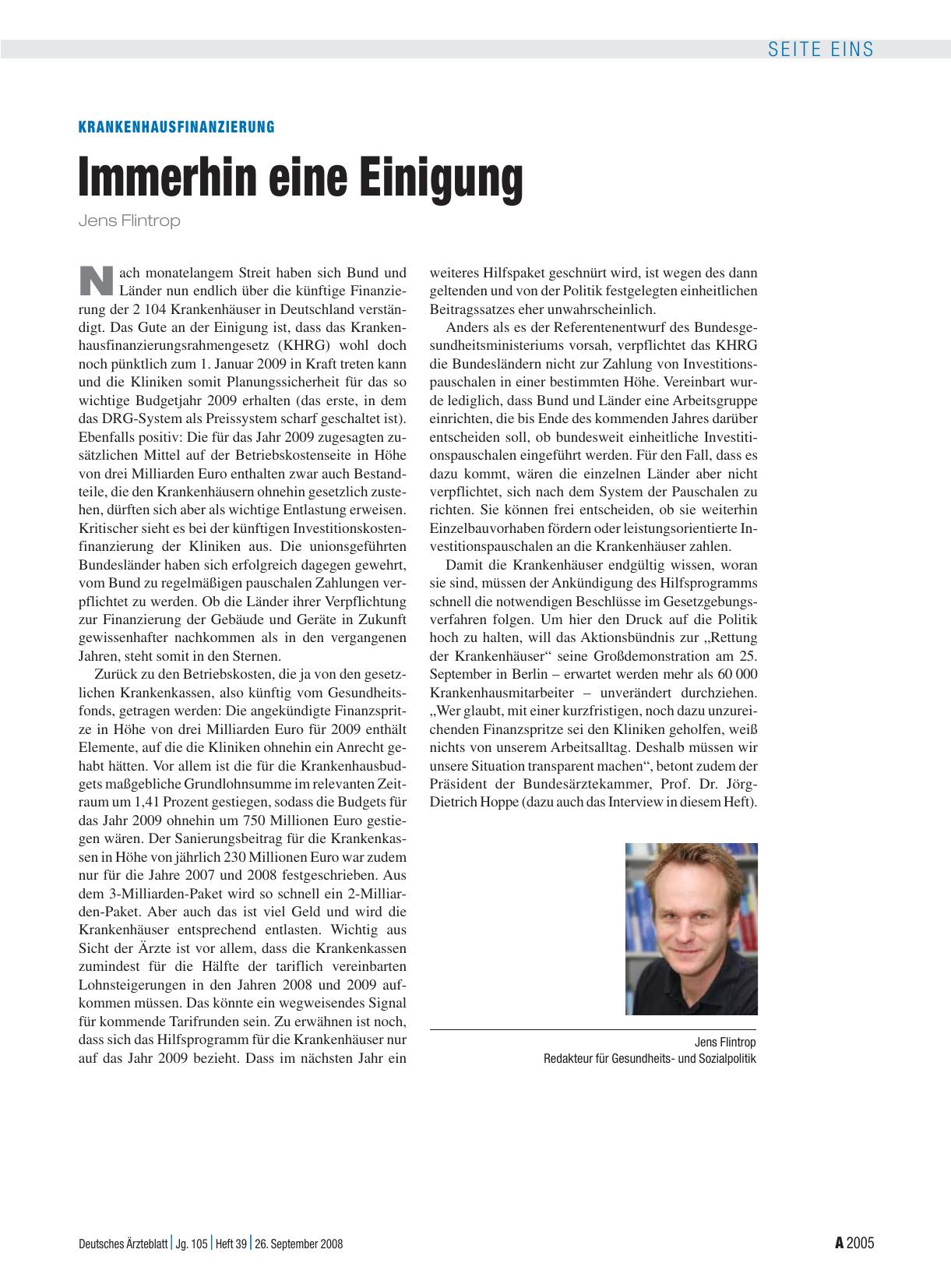 Vorschauseite 1: Krankenhausfinanzierung: Immerhin eine Einigung