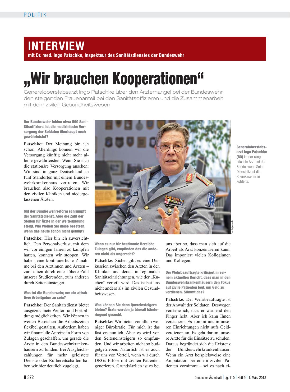 Vorschauseite 1: Interview mit Dr. med. Ingo Patschke, Inspekteur des Sanitätsdienstes der Bundeswehr: „Wir brauchen Kooperationen“