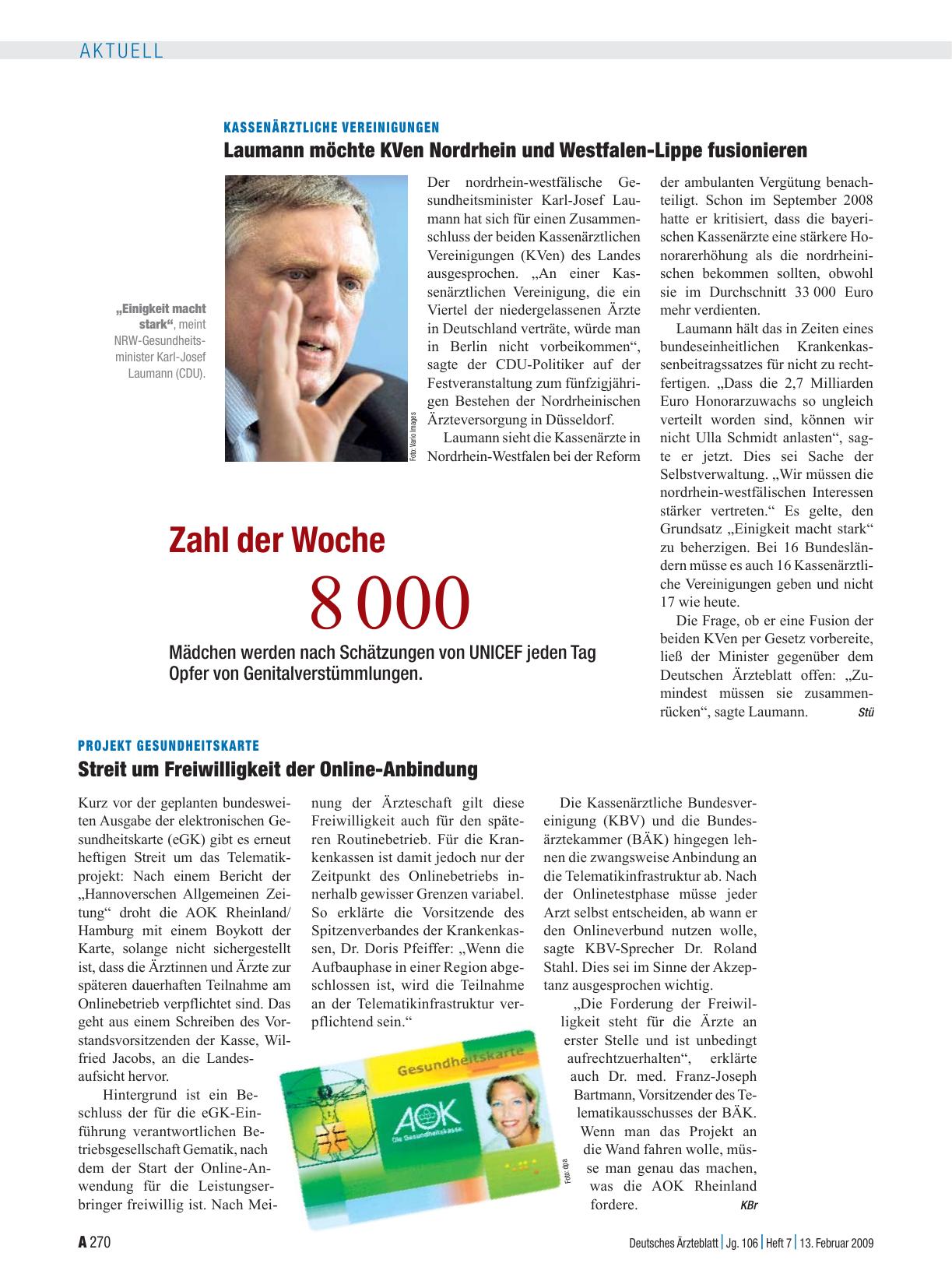 Vorschauseite 1: Kassenärztliche Vereinigungen: Laumann möchte KVen Nordrhein und Westfalen-Lippe fusionieren