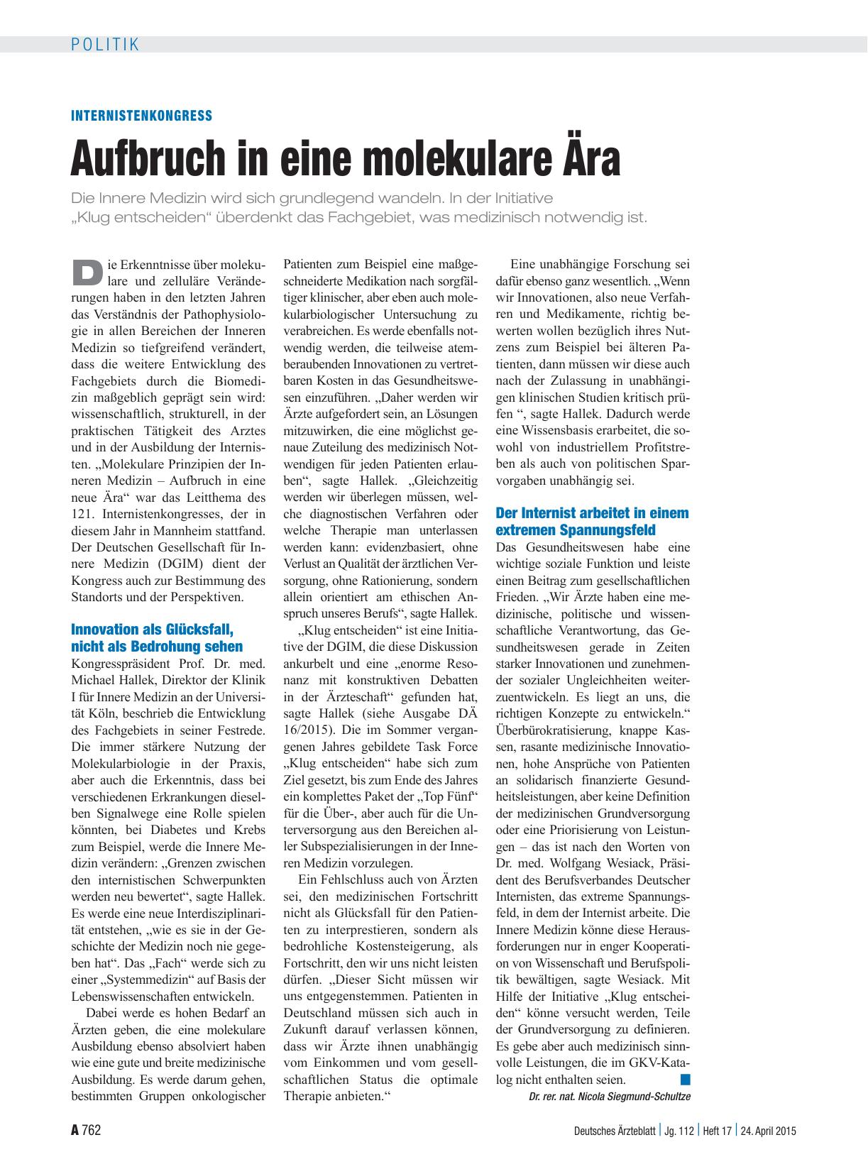 Vorschauseite 1: Internistenkongress: Aufbruch in eine molekulare Ära