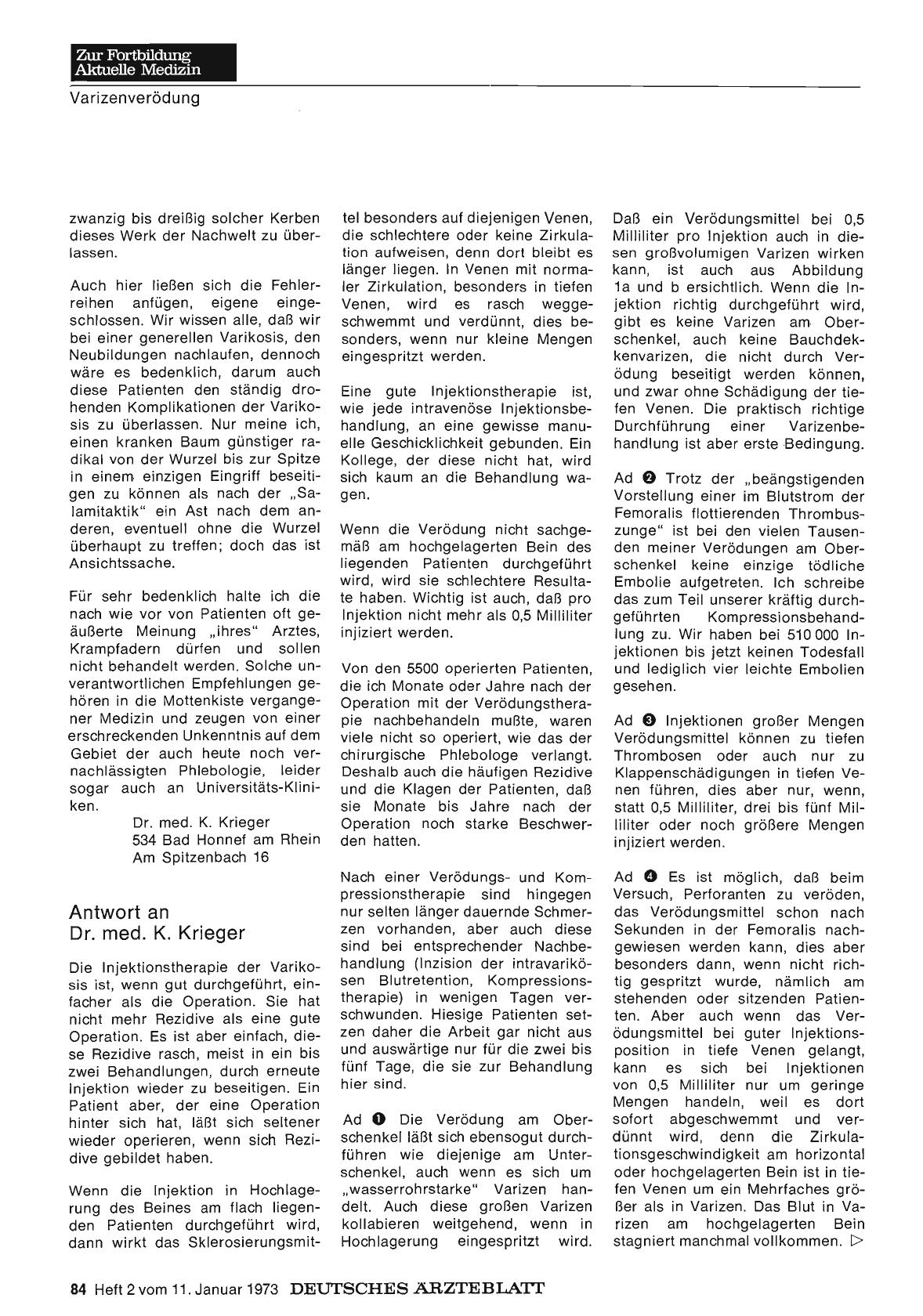 Vorschauseite 1: Varizenverödung am hochgelagerten Bein: Antwort an Dr. med. K. Krieger