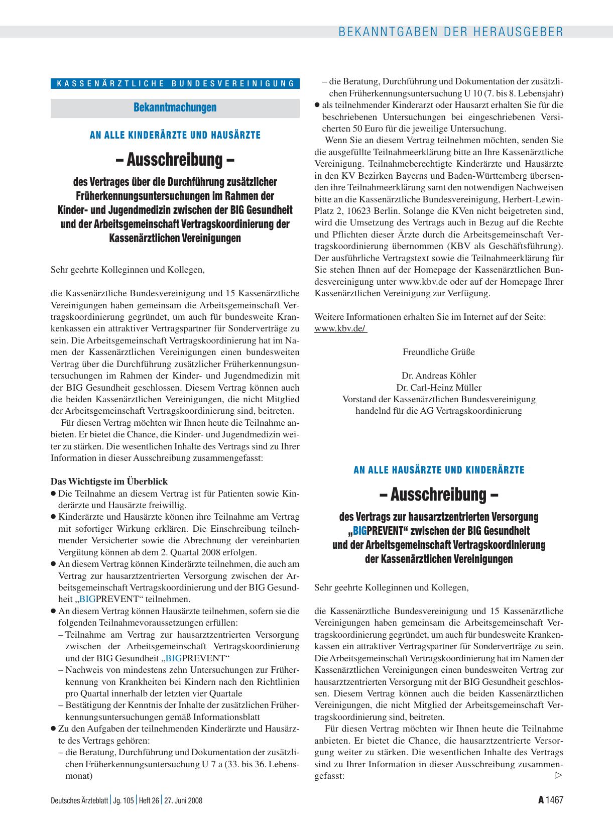 Vorschauseite 1: An alle Hausärzte und Kinderärzte – Ausschreibung –