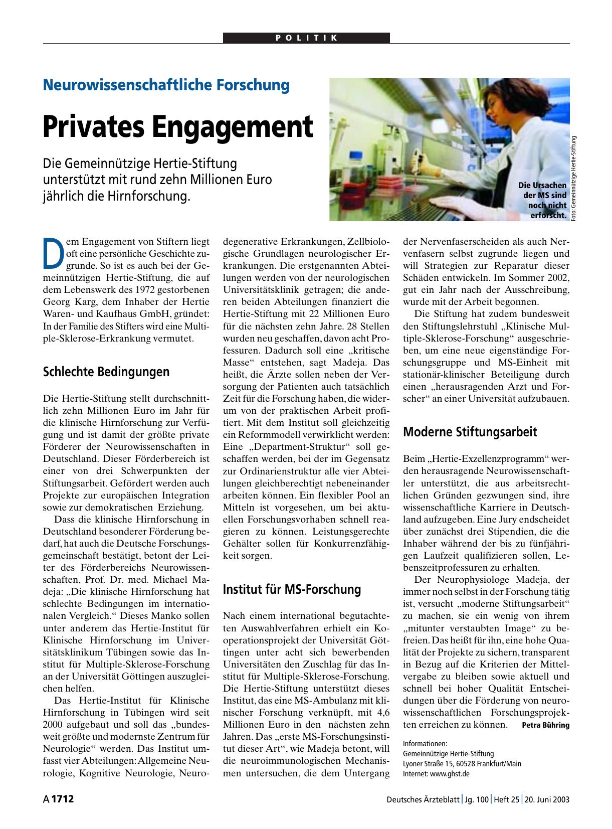 Vorschauseite 1: Neurowissenschaftliche Forschung: Privates Engagement