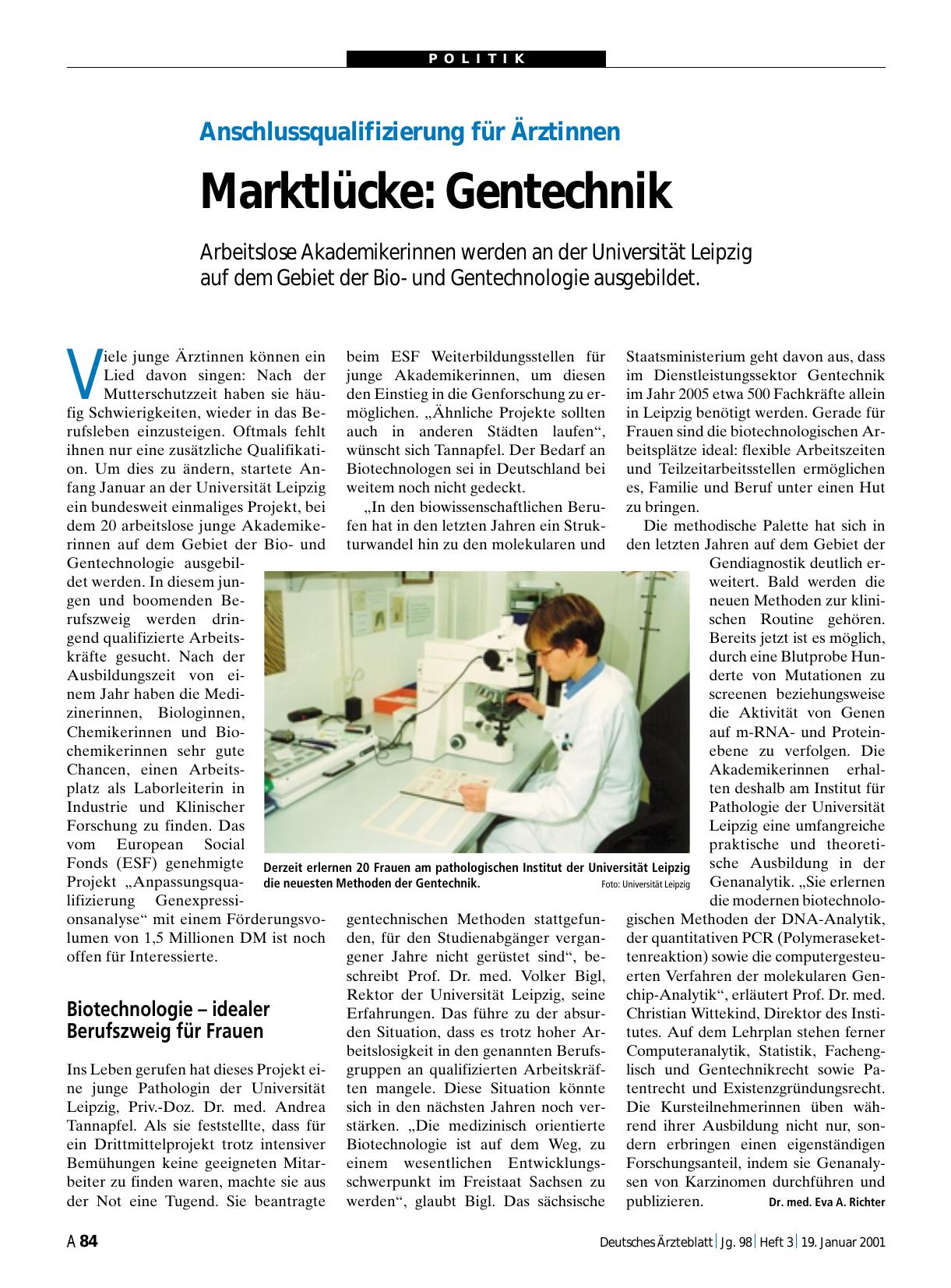 Vorschauseite 1: Anschlussqualifizierung für Ärztinnen: Marktlücke - Gentechnik
