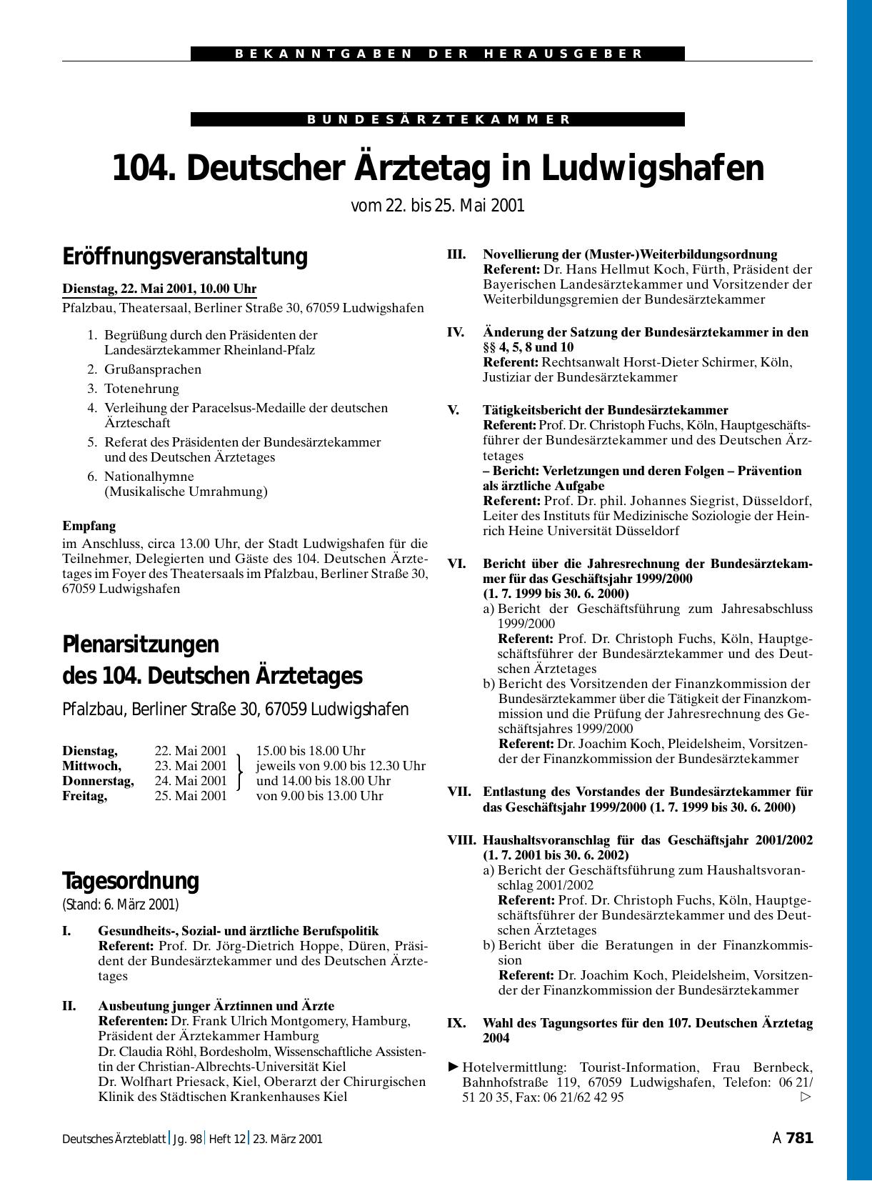 Vorschauseite 1: 104. Deutscher Ärztetag in Ludwigshafen: vom 22. bis 25. Mai 2001