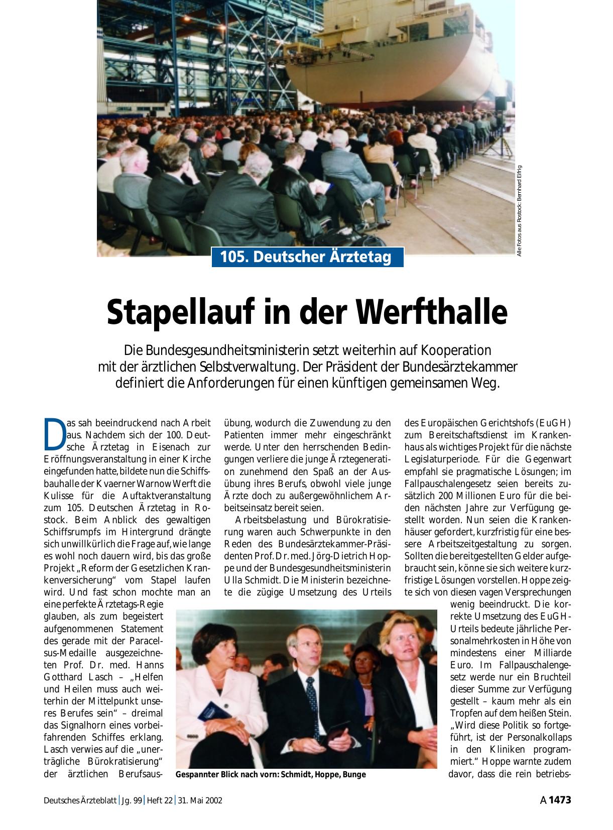 Vorschauseite 1: 105. Deutscher Ärztetag: Stapellauf in der Werfthalle