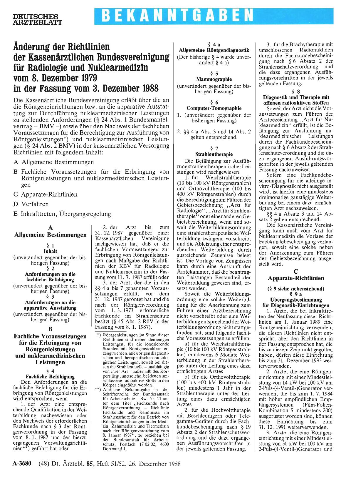 Vorschauseite 1: Änderung der Richtlinien der Kassenärztlichen Bundesvereinigung für Radiologie und Nuklearmedizin vom 8. Dezember 1979 in der Fassung vom 3. Dezember 1988