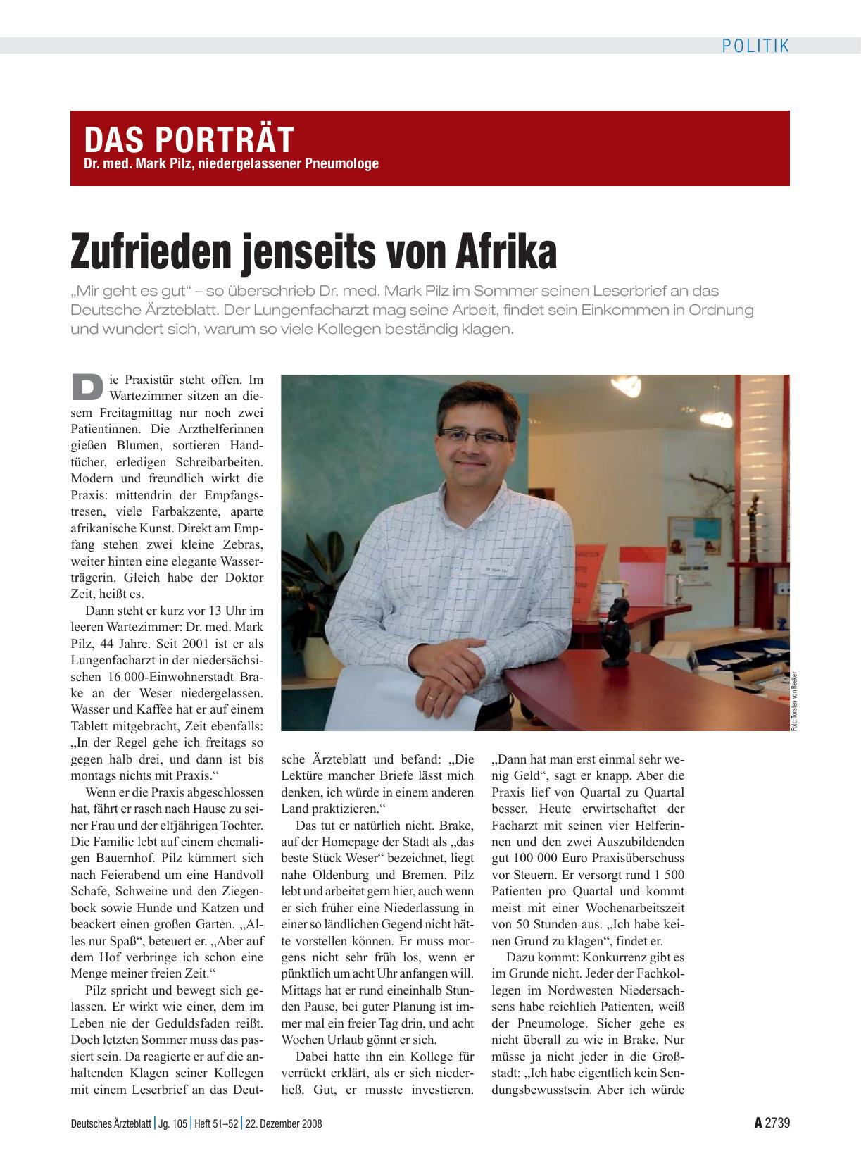 Vorschauseite 1: Dr. med. Mark Pilz, niedergelassener Pneumologe: Zufrieden jenseits von Afrika