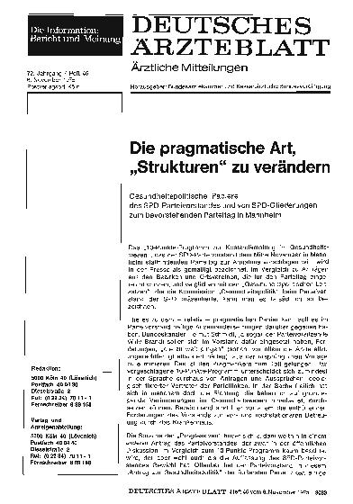 Vorschauseite 1: Die pragmatische Art, „Strukturen“ zu verändern: Gesundheitspolitische Papiere des SPD-Parteivorstandes und von SPD-Gliederungen zum bevorstehenden Parteitag in Mannheim