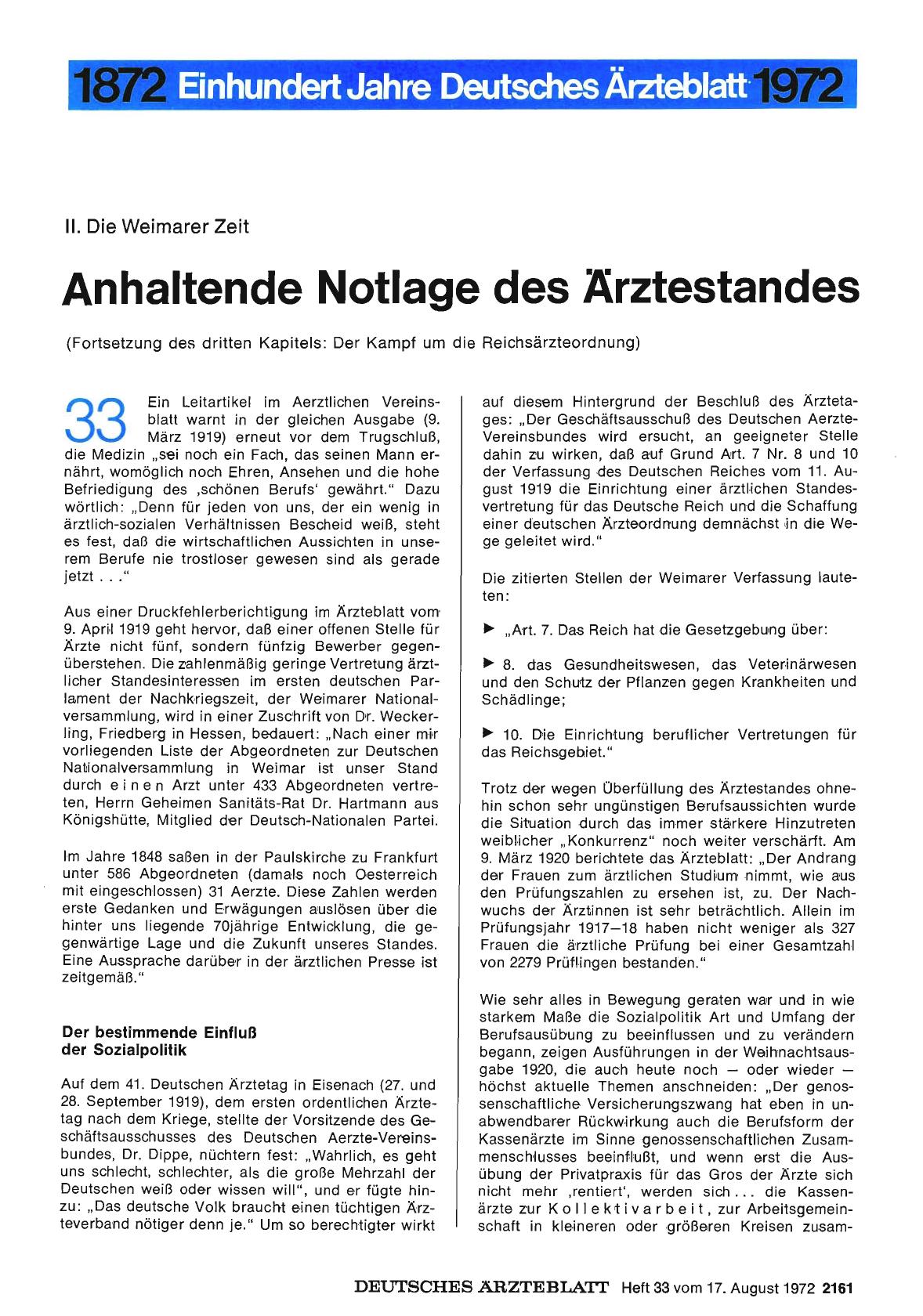 Vorschauseite 1: II. Die Weimarer Zeit: Anhaltende Notlage des Ärztestandes