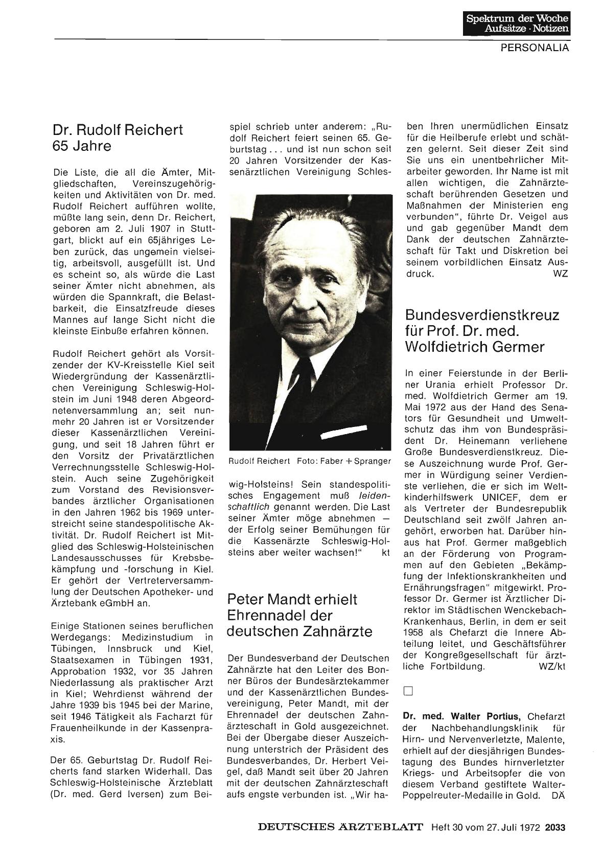 Vorschauseite 1: Dr. Rudolf Reichert 65 Jahre