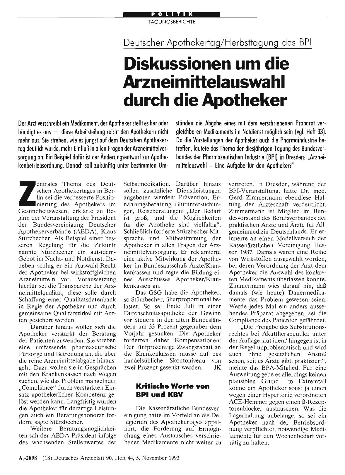Vorschauseite 1: Deutscher Apothekertag/Herbsttagung des BPI: Diskussionen um die Arzneimittelauswahl durch die Apotheker