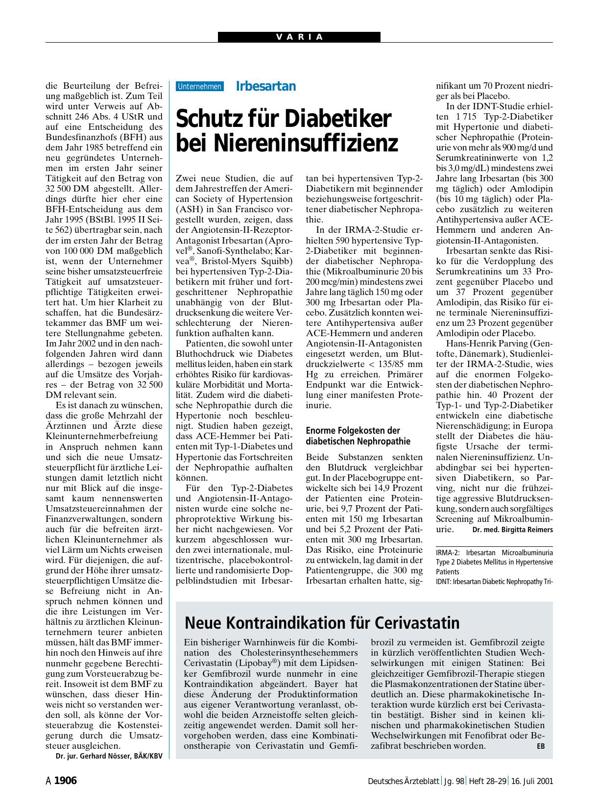 Vorschauseite 1: Neue Kontraindikation für Cerivastatin