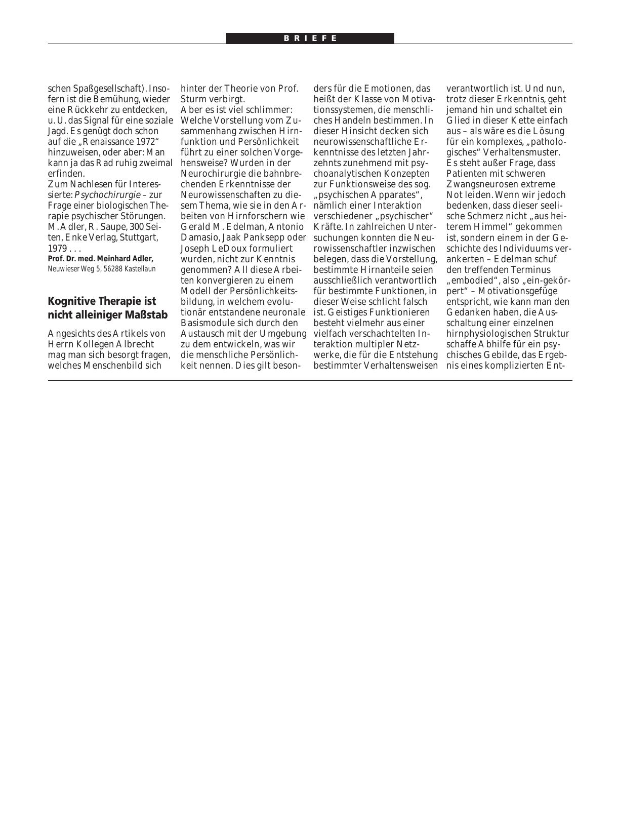 Vorschauseite 1: Stereotaxie: Kognitive Therapie ist nicht alleiniger Maßstab