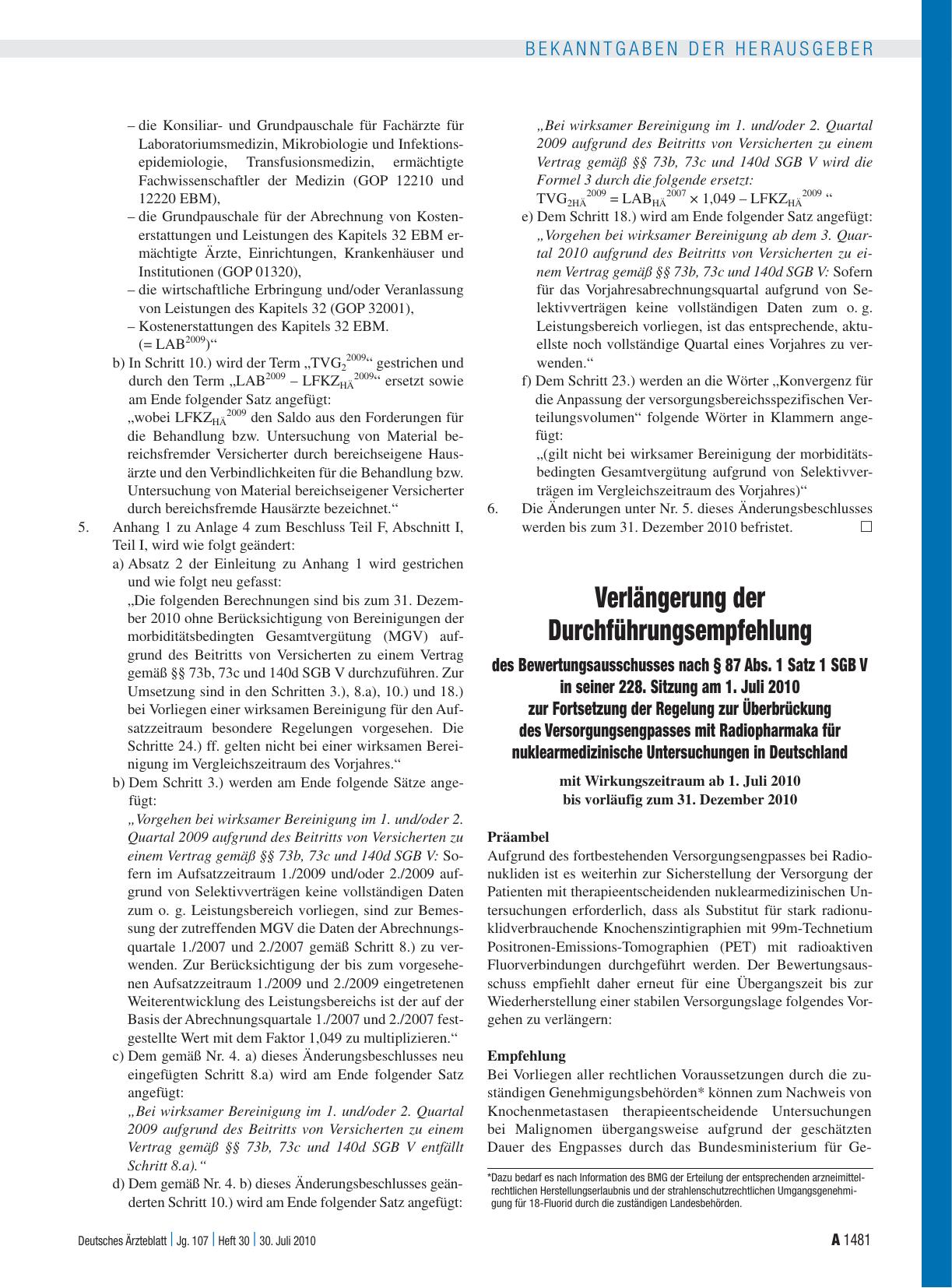 Vorschauseite 1: Verlängerung der Durchführungsempfehlung des Bewertungsausschusses nach § 87 Abs. 1 Satz 1 SGB V in seiner 228. Sitzung am 1. Juli 2010 zur Fortsetzung der Regelung zur Überbrücku…