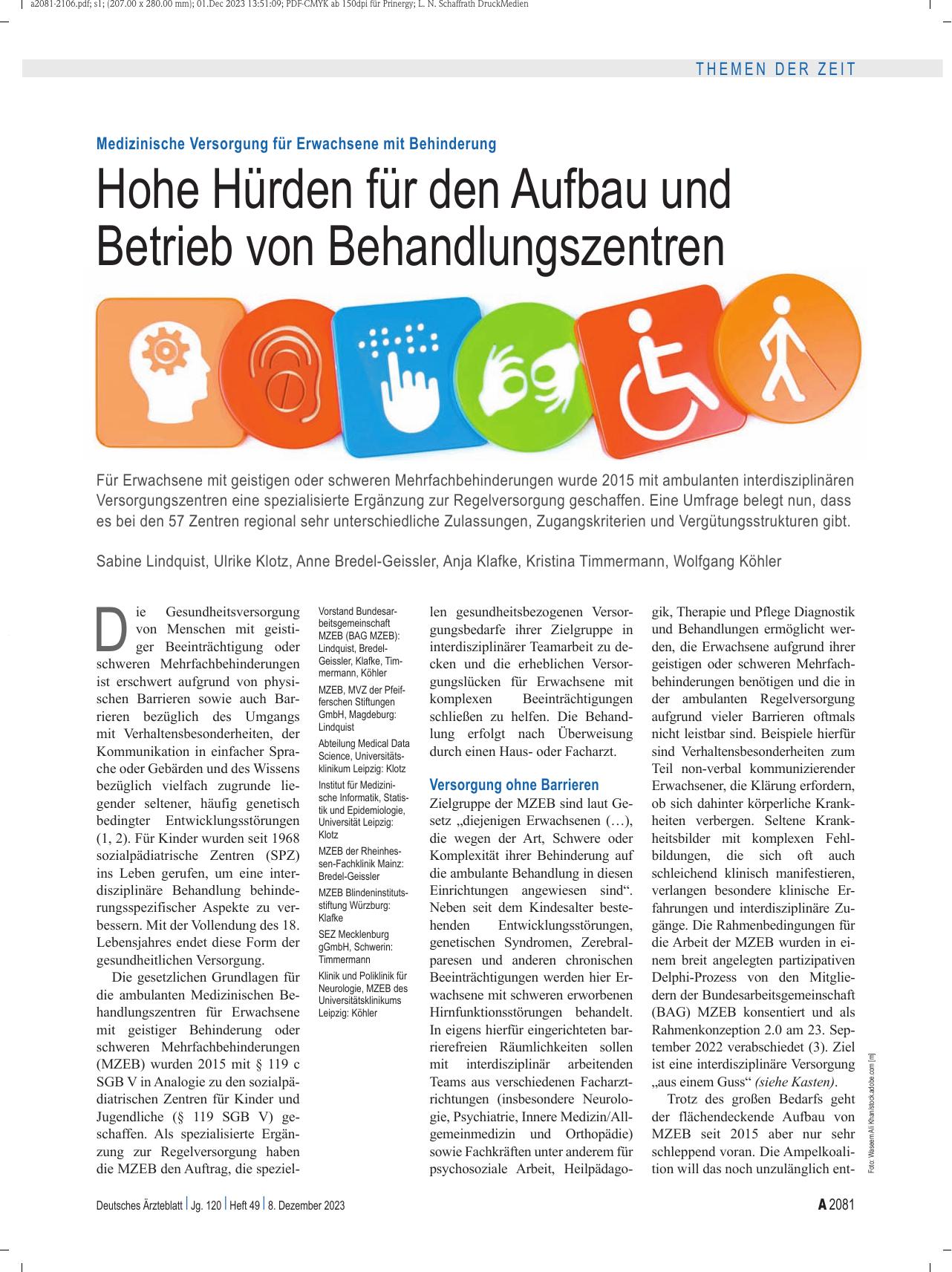 Vorschauseite 1: Medizinische Versorgung für Erwachsene mit Behinderung: Hohe Hürden für den Aufbau und Betrieb von Behandlungszentren