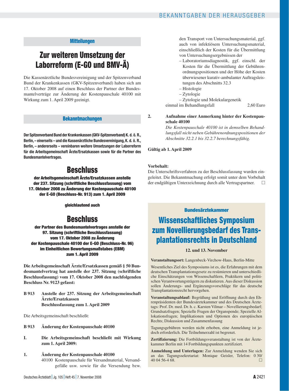 Vorschauseite 1: Mitteilungen: Zur weiteren Umsetzung der Laborreform (E-GO und BMV-Ä)