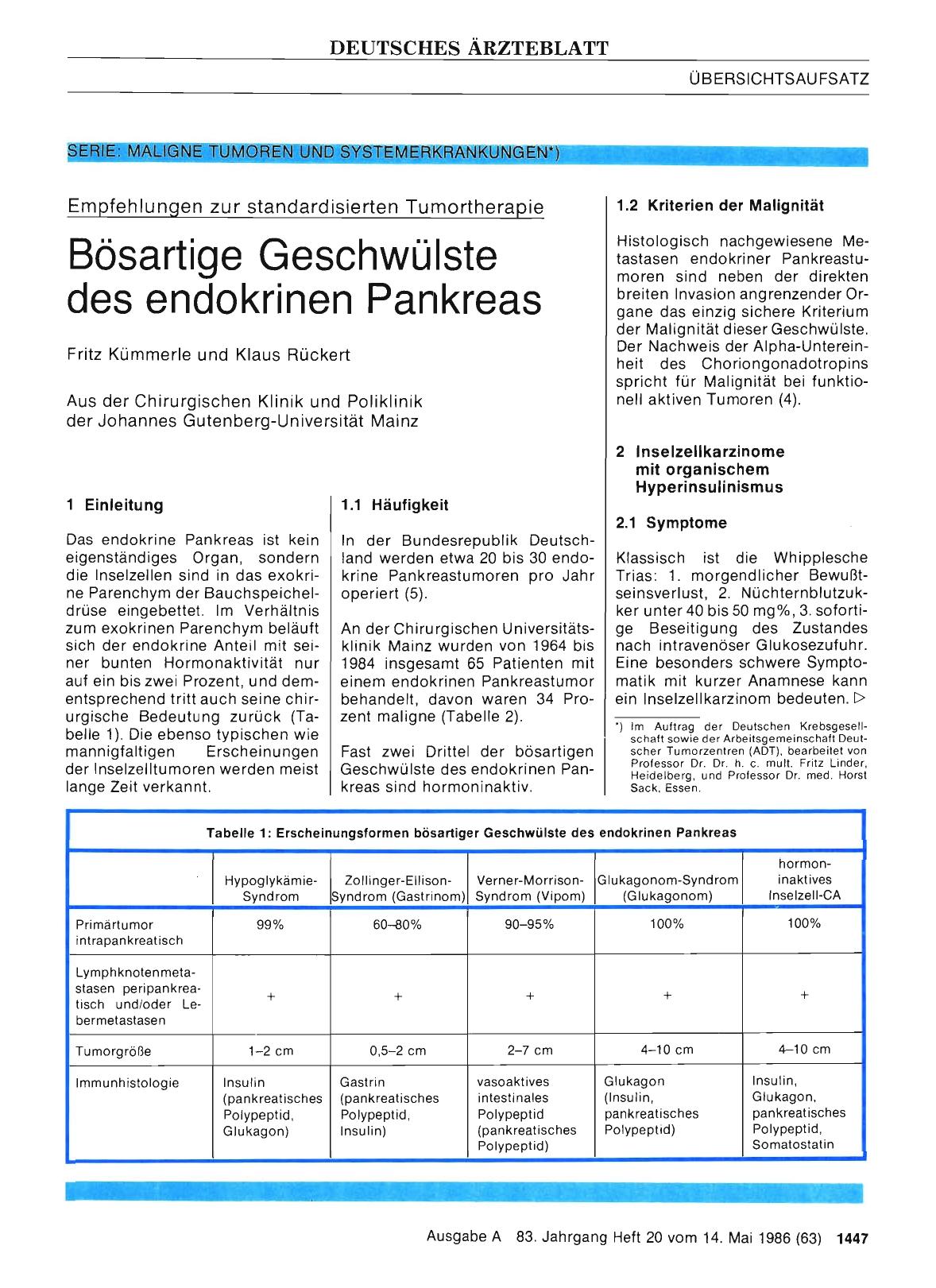 Vorschauseite 1: Empfehlungen zur standardisierten Tumortherapie: Bösartige Geschwülste des endokrinen Pankreas