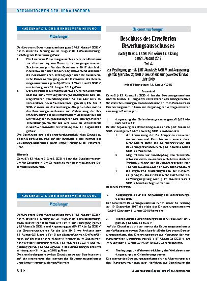 Vorschauseite 1: Beschluss des Erweiterten Bewertungsausschusses nach § 87 Abs. 4 SGB V in seiner 57. Sitzung am 21. August 2018: Teil A, Teil B