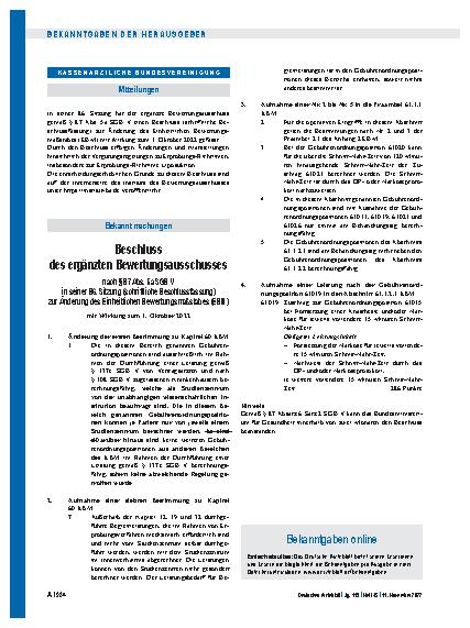 Vorschauseite 1: Beschluss des ergänzten Bewertungsausschusses nach § 87 Abs. 5a SGB V in seiner 86. Sitzung (schriftliche Beschlussfassung) zur Änderung des Einheitlichen Bewertungsmaßstabes (EBM)