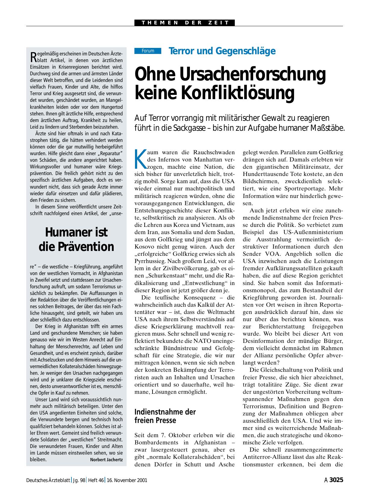 Vorschauseite 1: Terror und Gegenschläge: Ohne Ursachenforschung keine Konfliktlösung