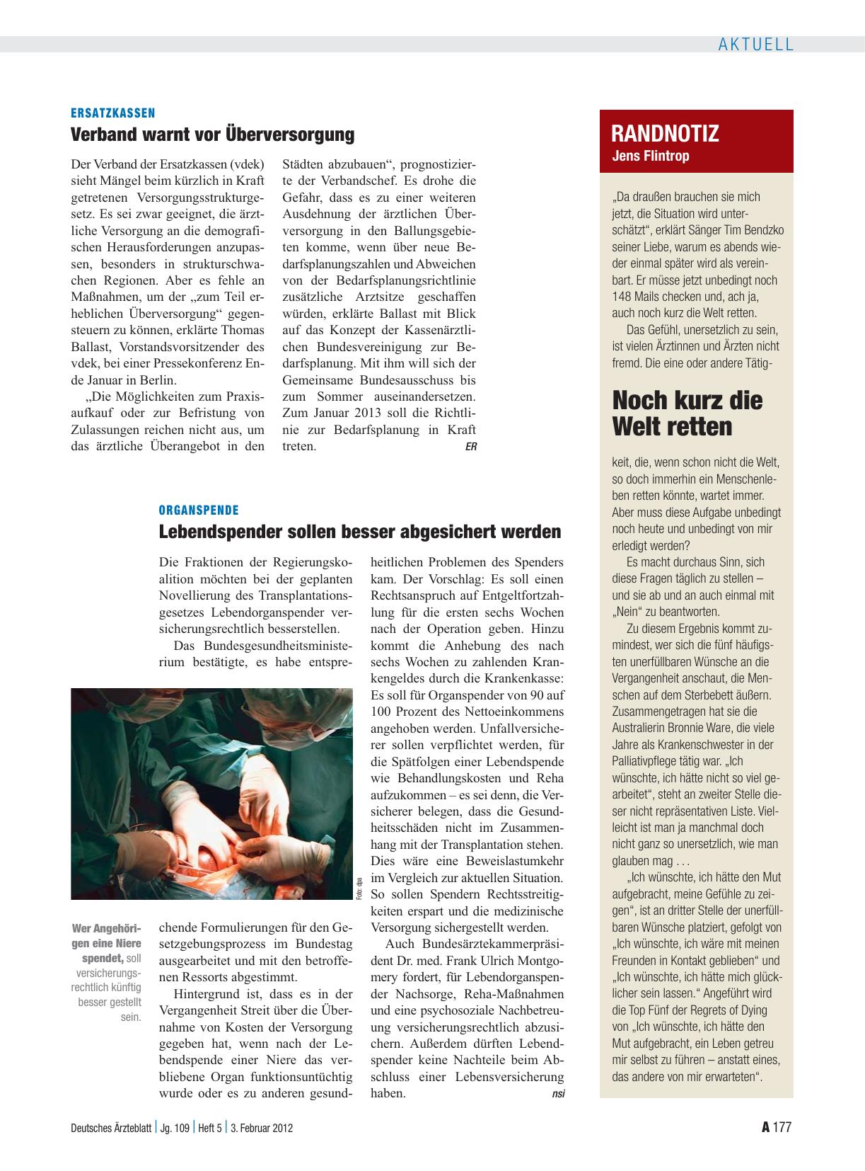Vorschauseite 1: Organspende: Lebendspender sollen besser abgesichert werden