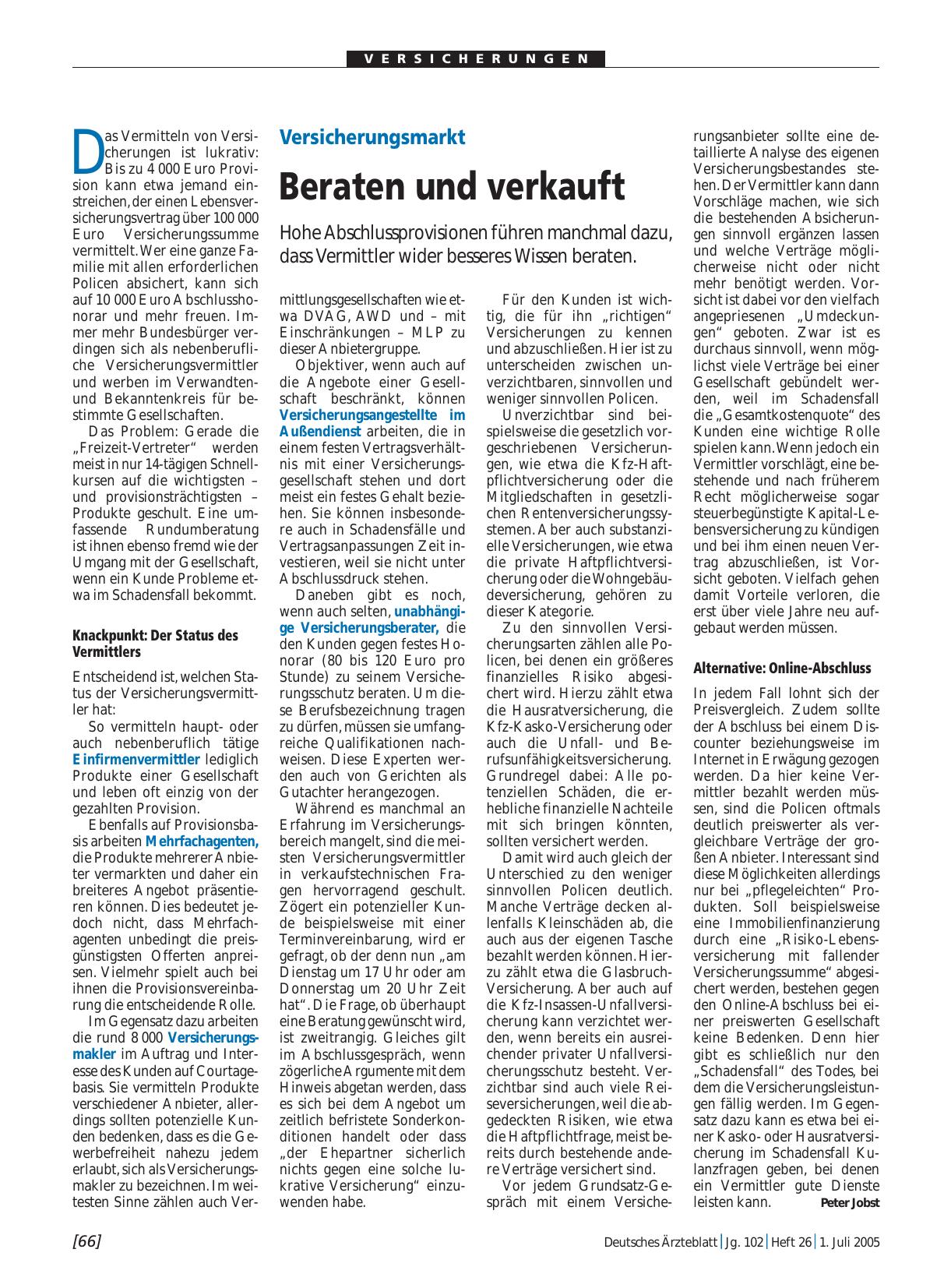 Vorschauseite 1: Versicherungsmarkt: Beraten und verkauft