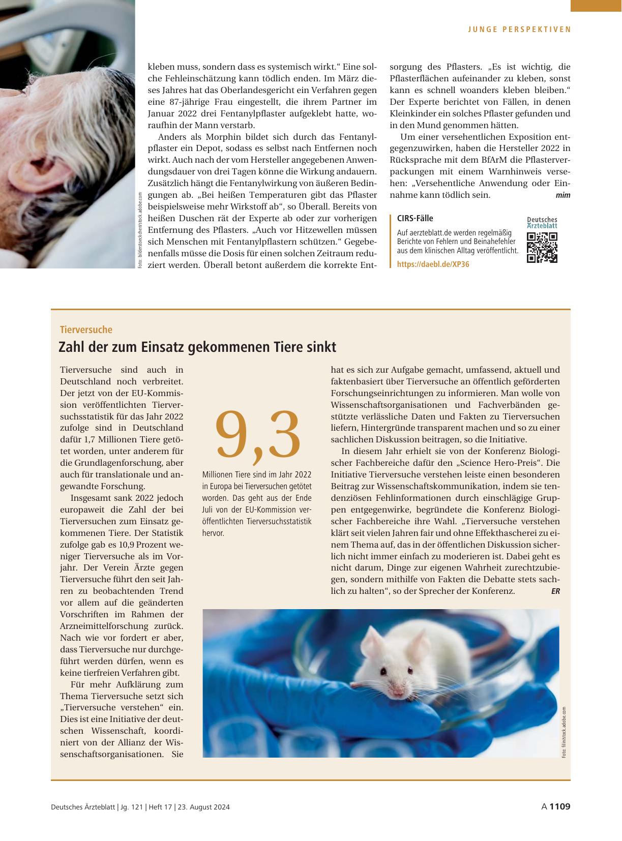 Vorschauseite 1: Tierversuche: Zahl der zum Einsatz gekommenen Tiere sinkt