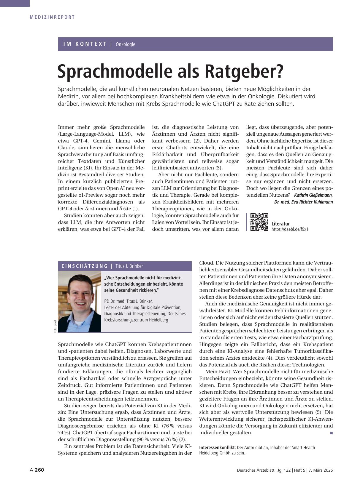 Vorschauseite 1: Onkologie: Sprachmodelle als Ratgeber?